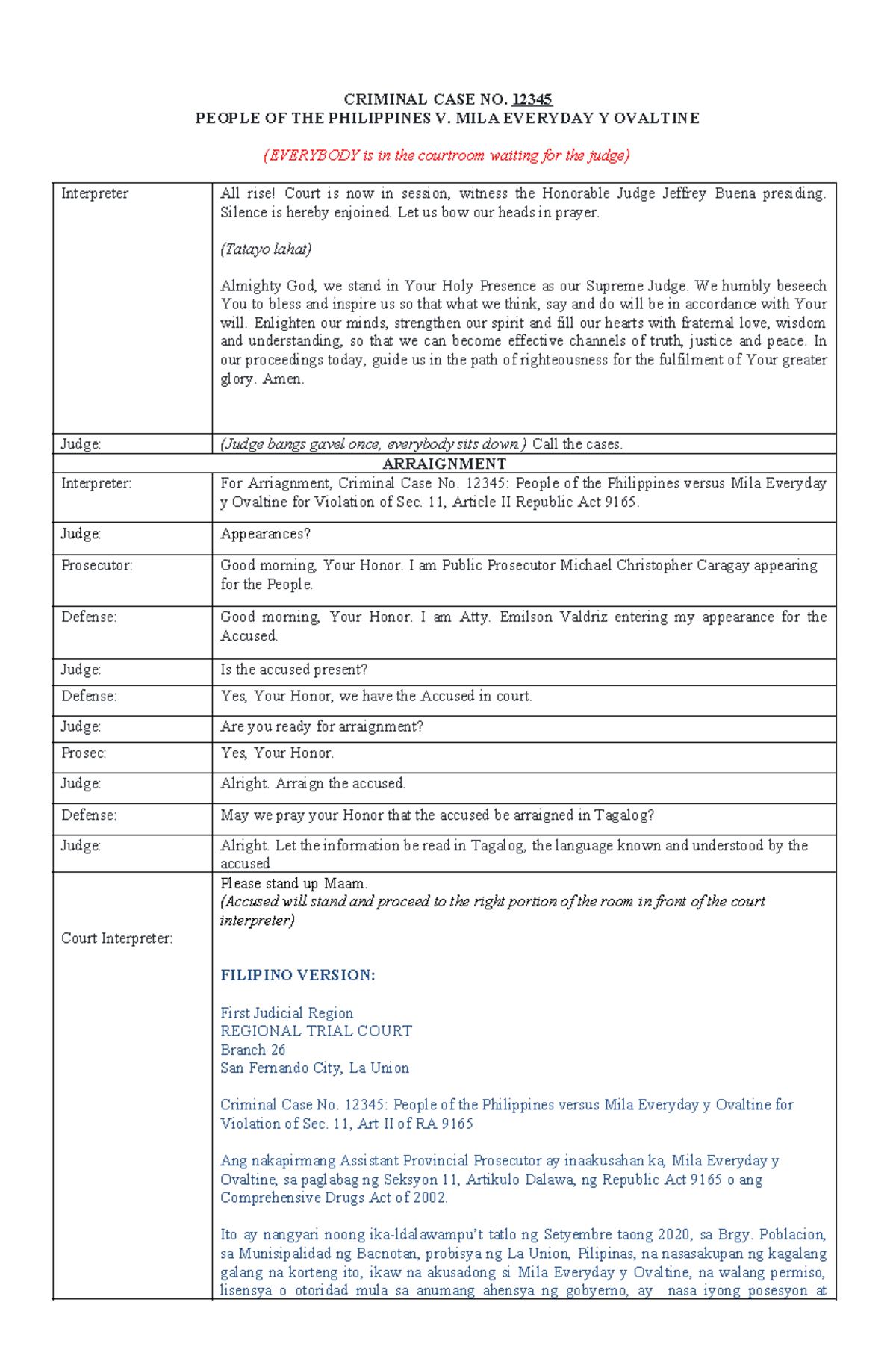 Ilide - Sample script - CRIMINAL CASE NO. 12345 PEOPLE OF THE ...