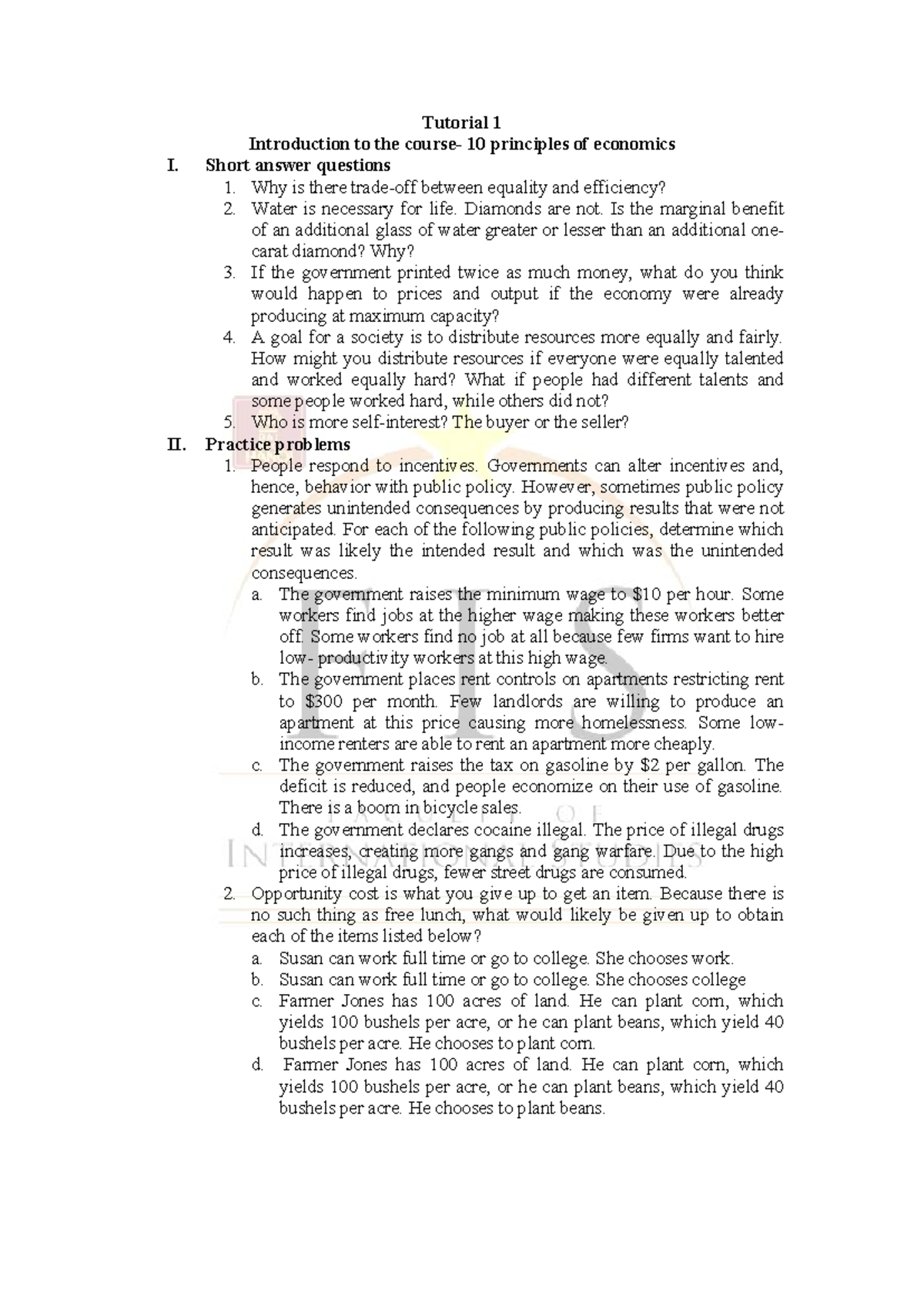 ECO 101: Tutorial 1 - Principles of Economics Short Answer Questions ...