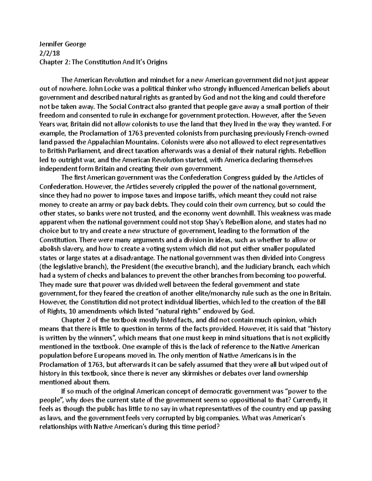 Critique Chapter 2- The Constitution and its Origins - Jennifer George ...