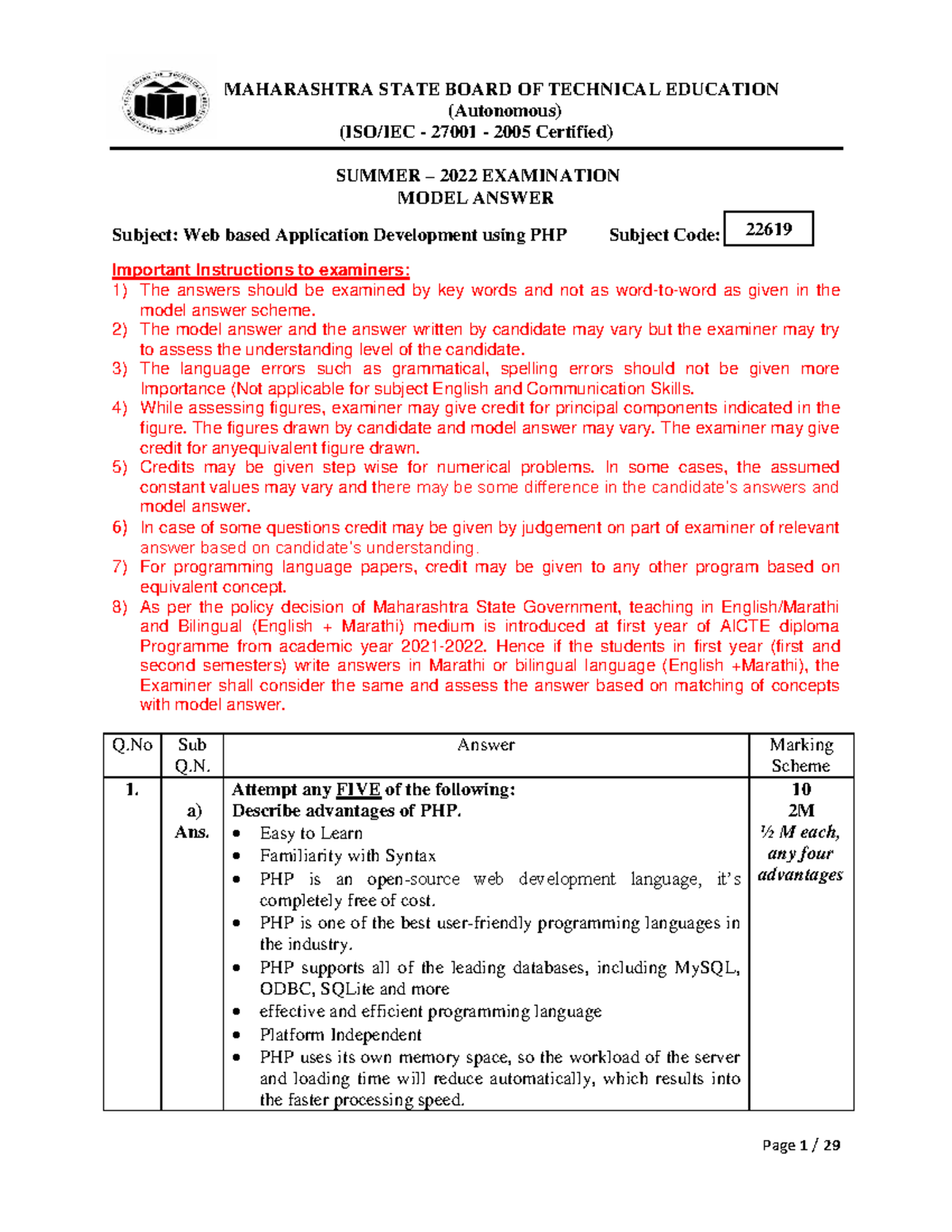 WBP 22619 Summer 2022 Model Answer Paper for Web Application ...