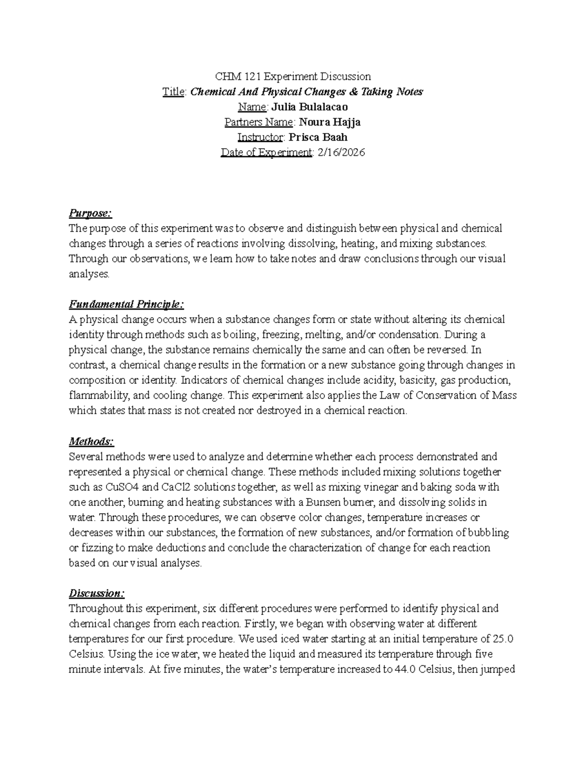 CHM 121 Lab Report: Observing Chemical & Physical Changes - Studocu