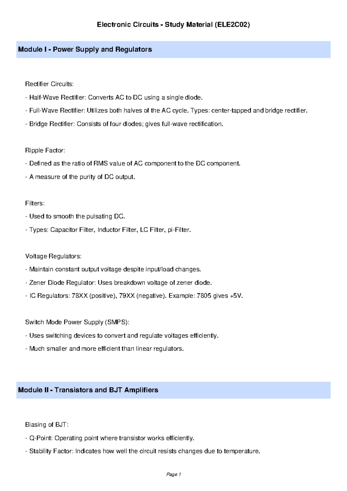 Electronic Circuits Study Material (ELE2C02): Power Supplies ...