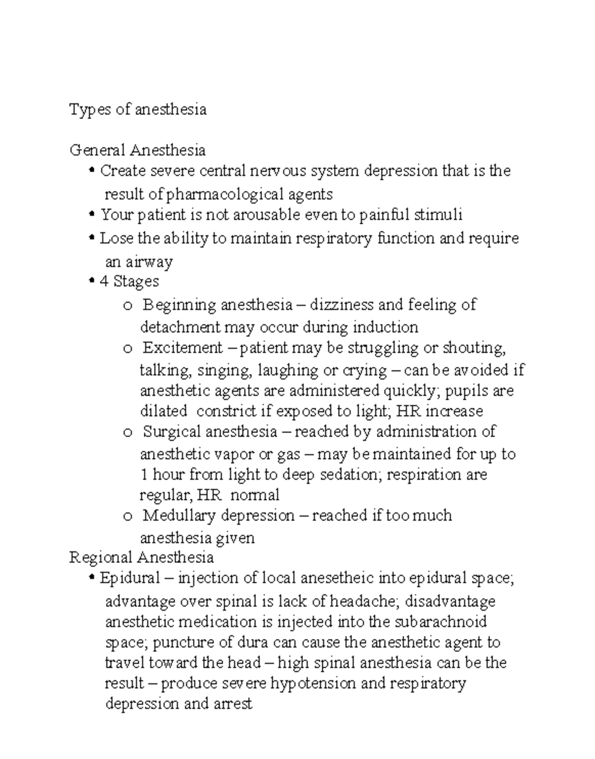 Anesthesia Techniques and Postoperative Care: Study Guide for NURS 302 ...