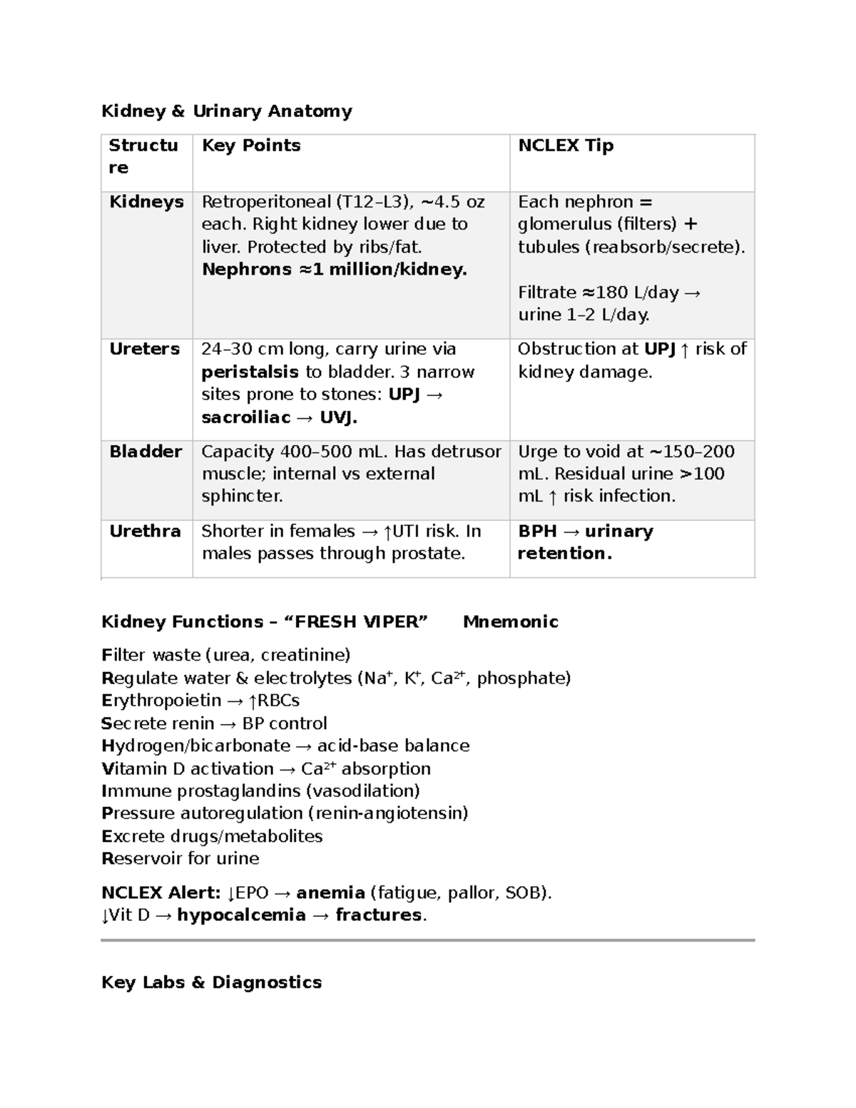 Urinary Anatomy & Functions Notesheet MDC3 for NCLEX Prep - Studocu