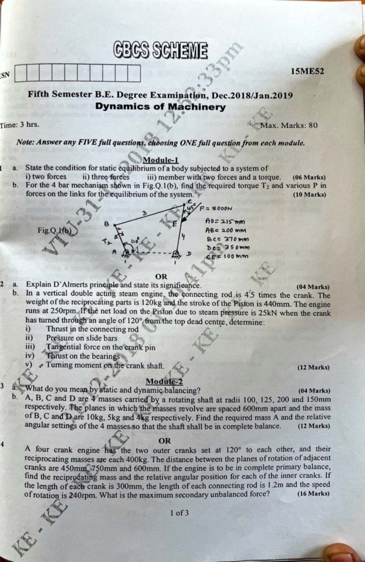 Dynamics of Machines - 15ME52 Fifth Semester B.E. Degree Exam QP - Studocu
