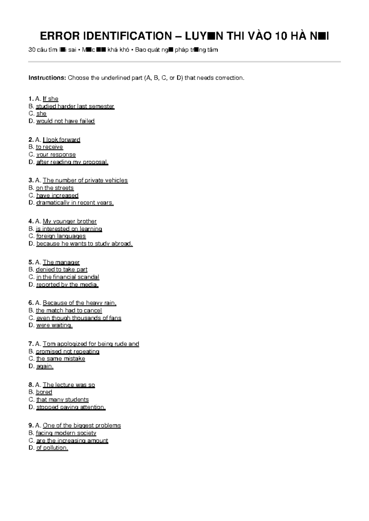 Error Identification VÀO 10 HÀ NỘI - 30 Questions for Correction - Studocu