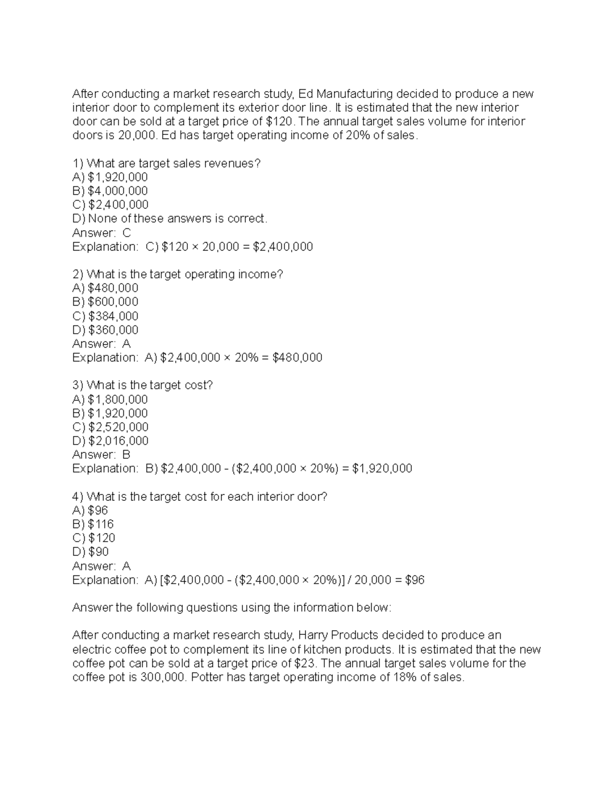 Target Costing Insights - QUIZ 2 Analysis and Exercises - Studocu