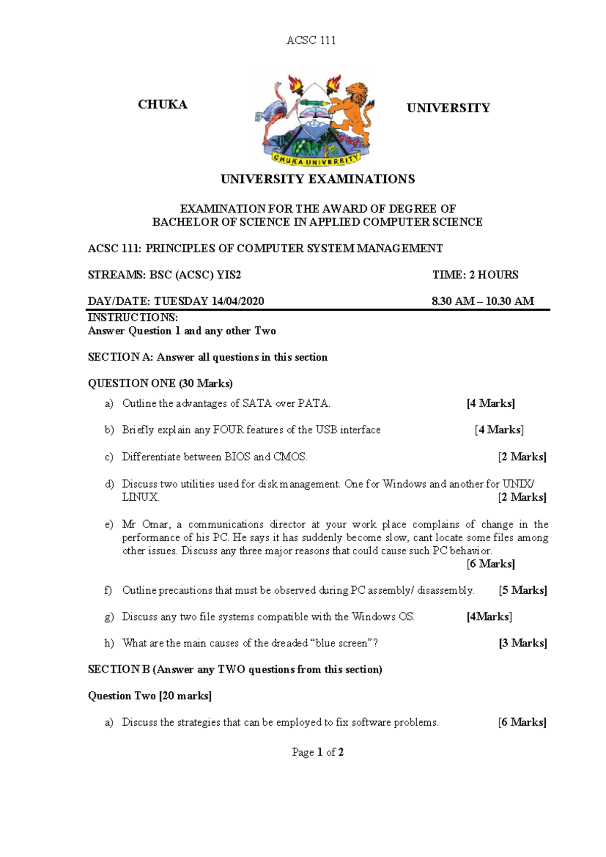 ACSC 111 - Principles of Computer System Management Exam Notes - Studocu