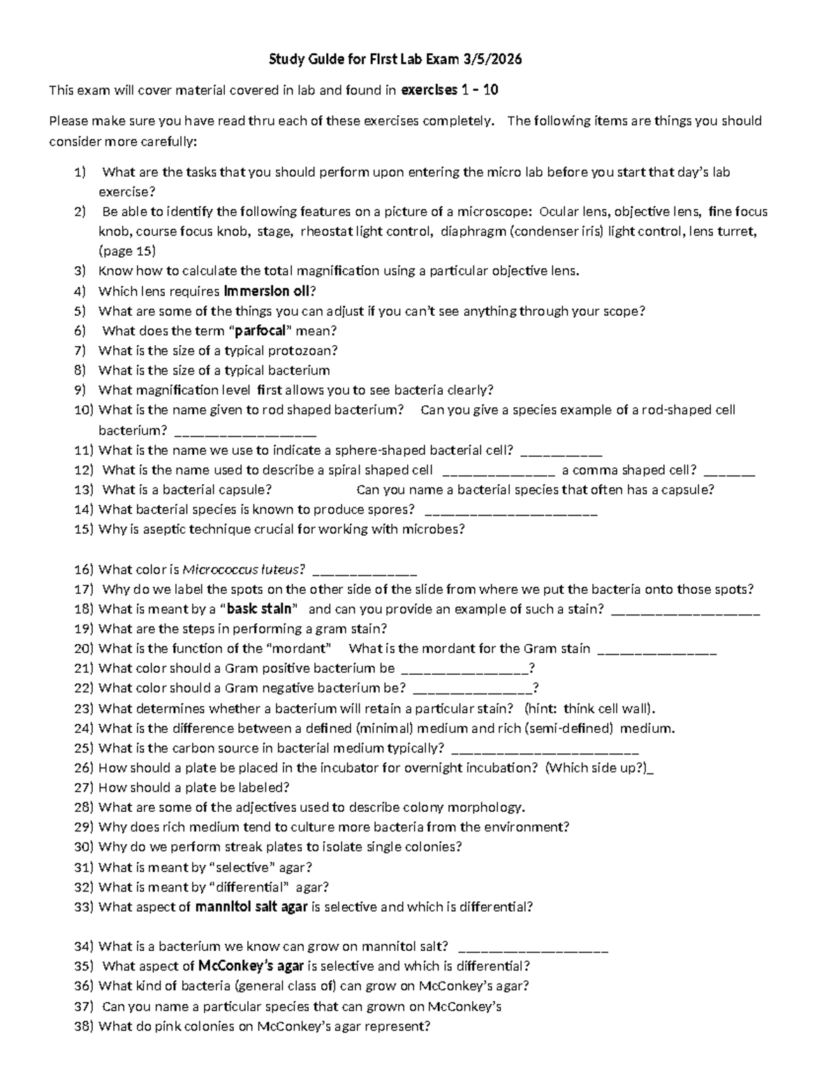 Study Guide for First Lab Exam 1 - Bio 135 Muse W2026 - Studocu