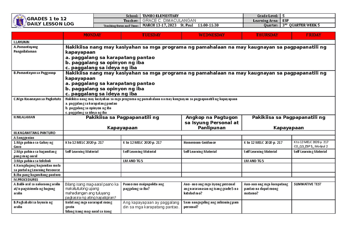 DLL ESP-5 Q3 Week 5 - DLL - GRADES 1 to 12 DAILY LESSON LOG School ...