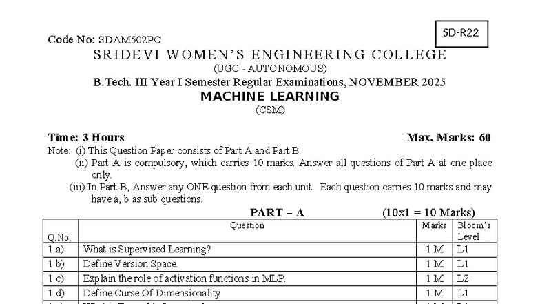 SDAM502PC Machine Learning Model Question Paper - Nov 2025 Exam - Studocu