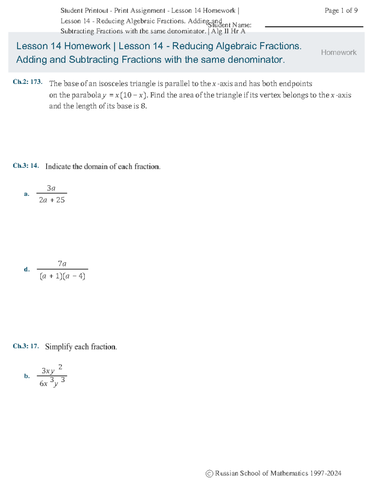 Alg II Hr A - Lesson 14 Homework: Reducing Algebraic Fractions - Studocu