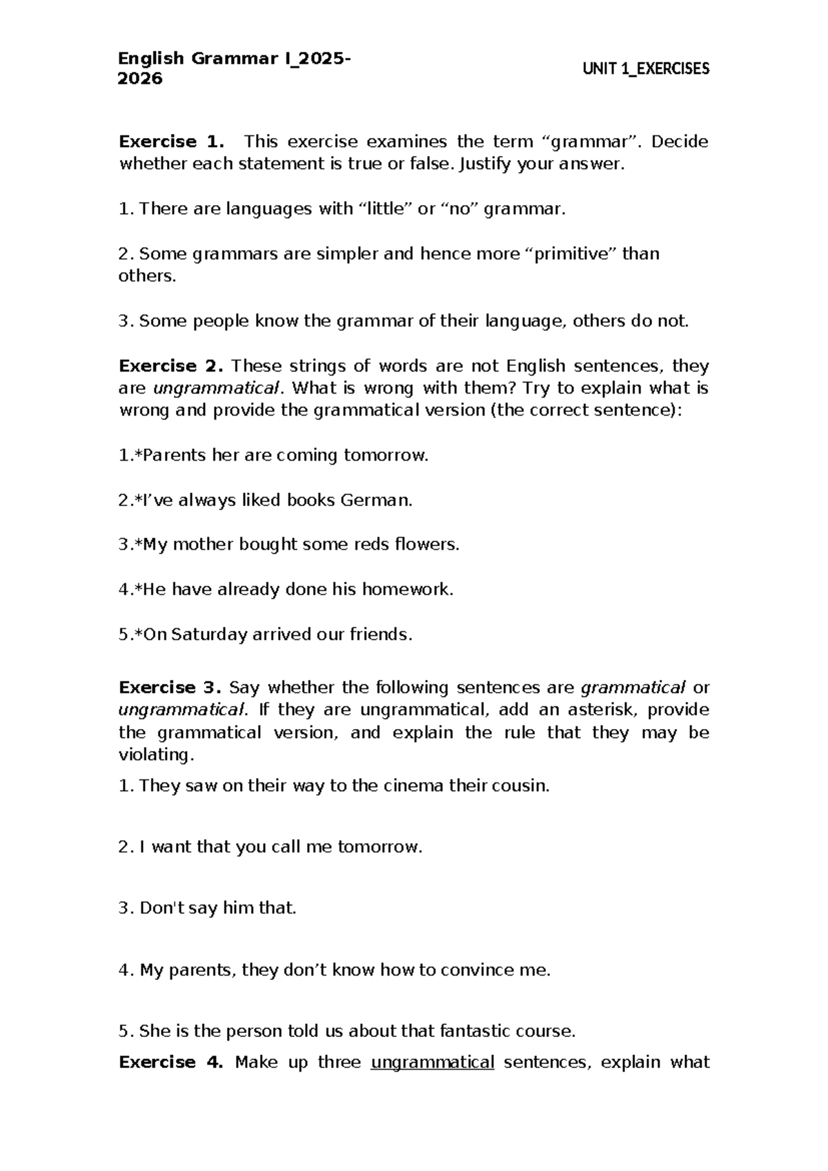English Grammar I 20252026 UNIT 1 Exercises and Answers - Studocu
