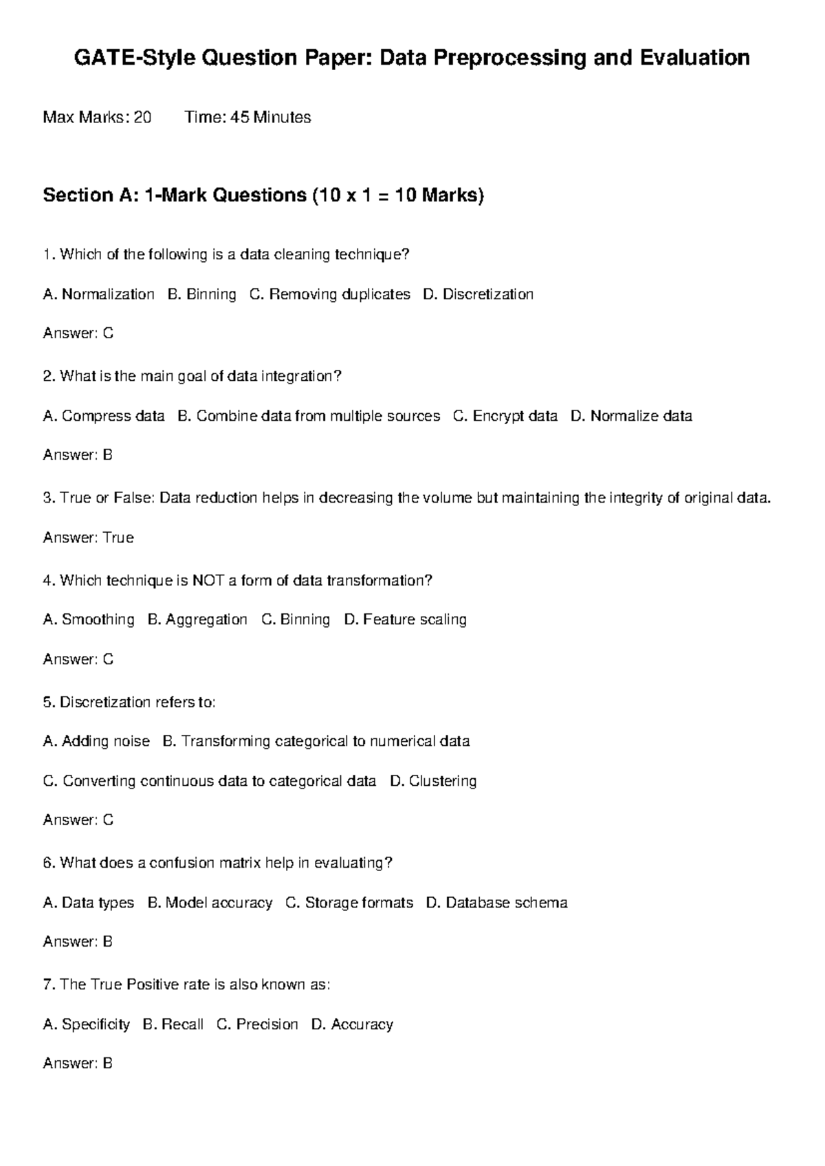 GATE DS: Data Preprocessing & Evaluation Question Paper - Studocu