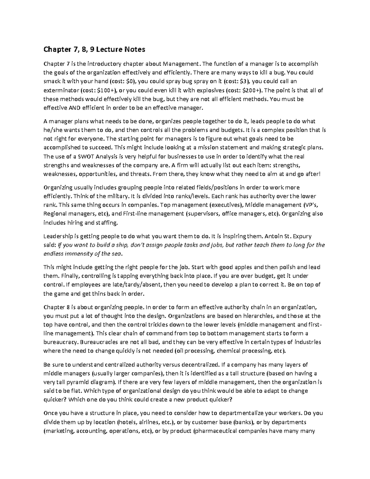 Management Concepts: Lecture Notes on Chapters 7, 8, and 9 - Studocu