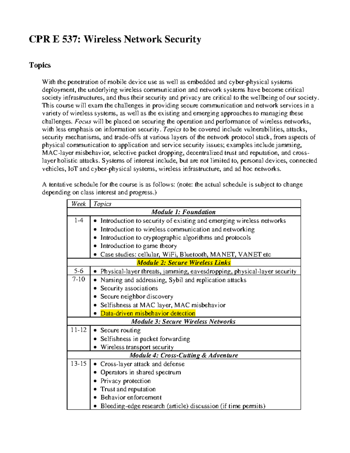 CPR E 537 - Wireless Network Security Syllabus and Course Outline - Studocu