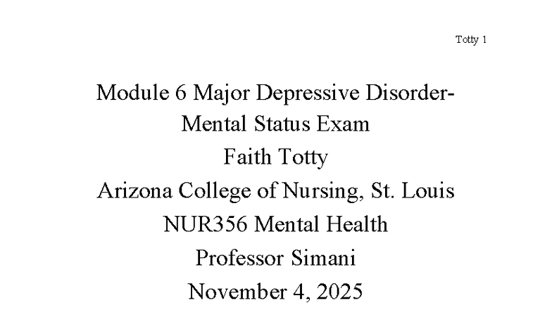 NUR356 Module 6: Major Depressive Disorder MSE Notes - Studocu