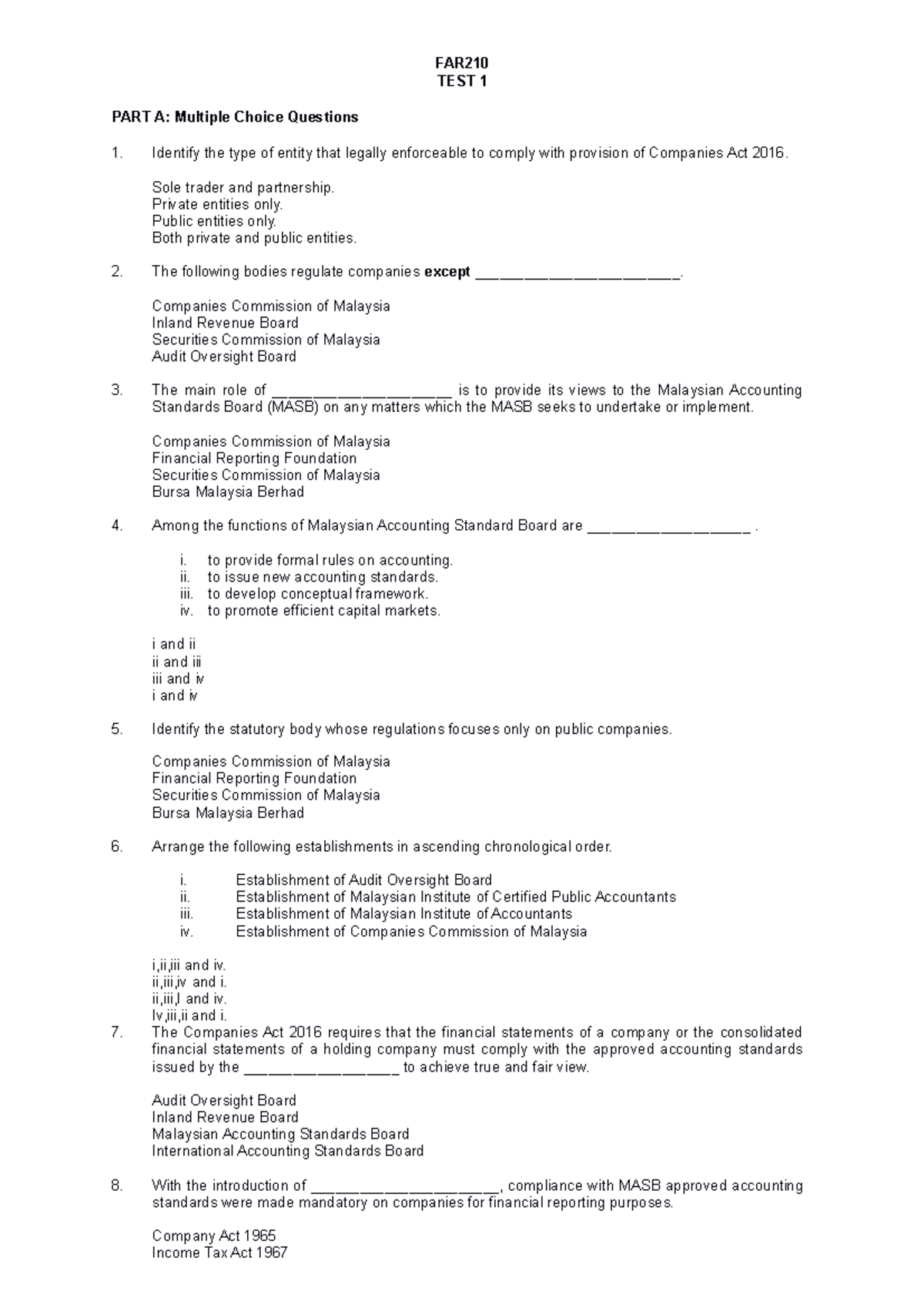 FAR210 Test 1 Dec 2020: Multiple Choice Questions Review - Studocu