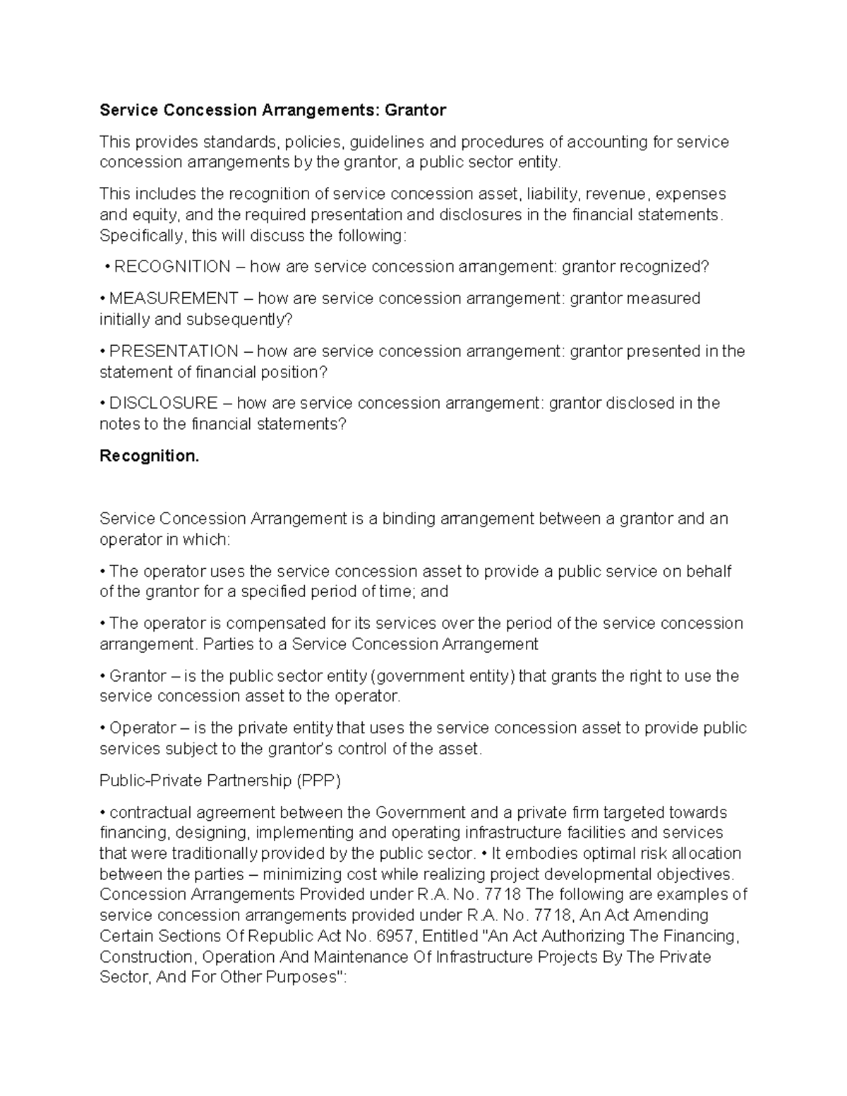 Service Concession Arrangements: Grantor Overview and Guidelines - Studocu