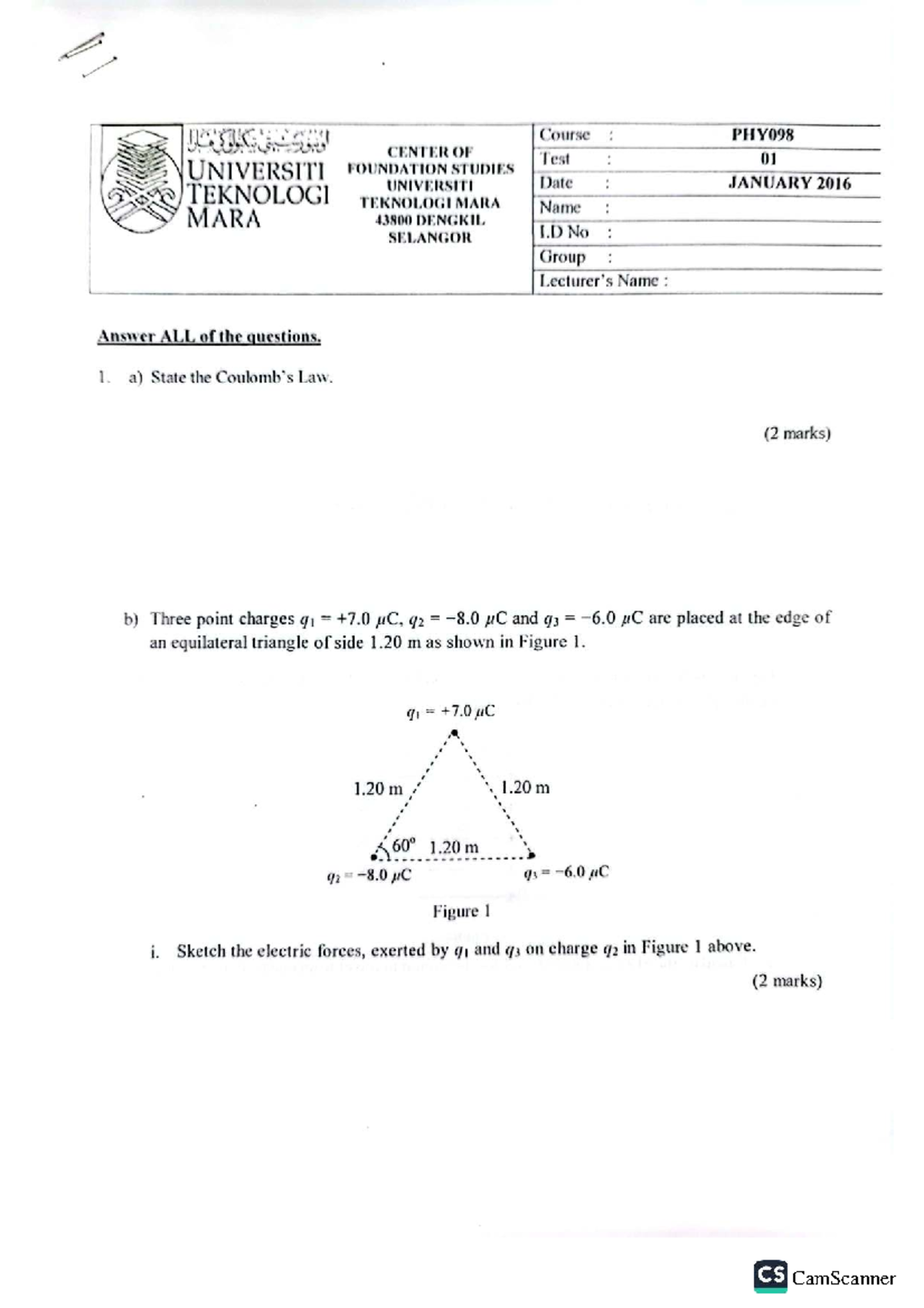 TEST PHY098 - 2016 - Physics Exam Questions and Solutions - Studocu