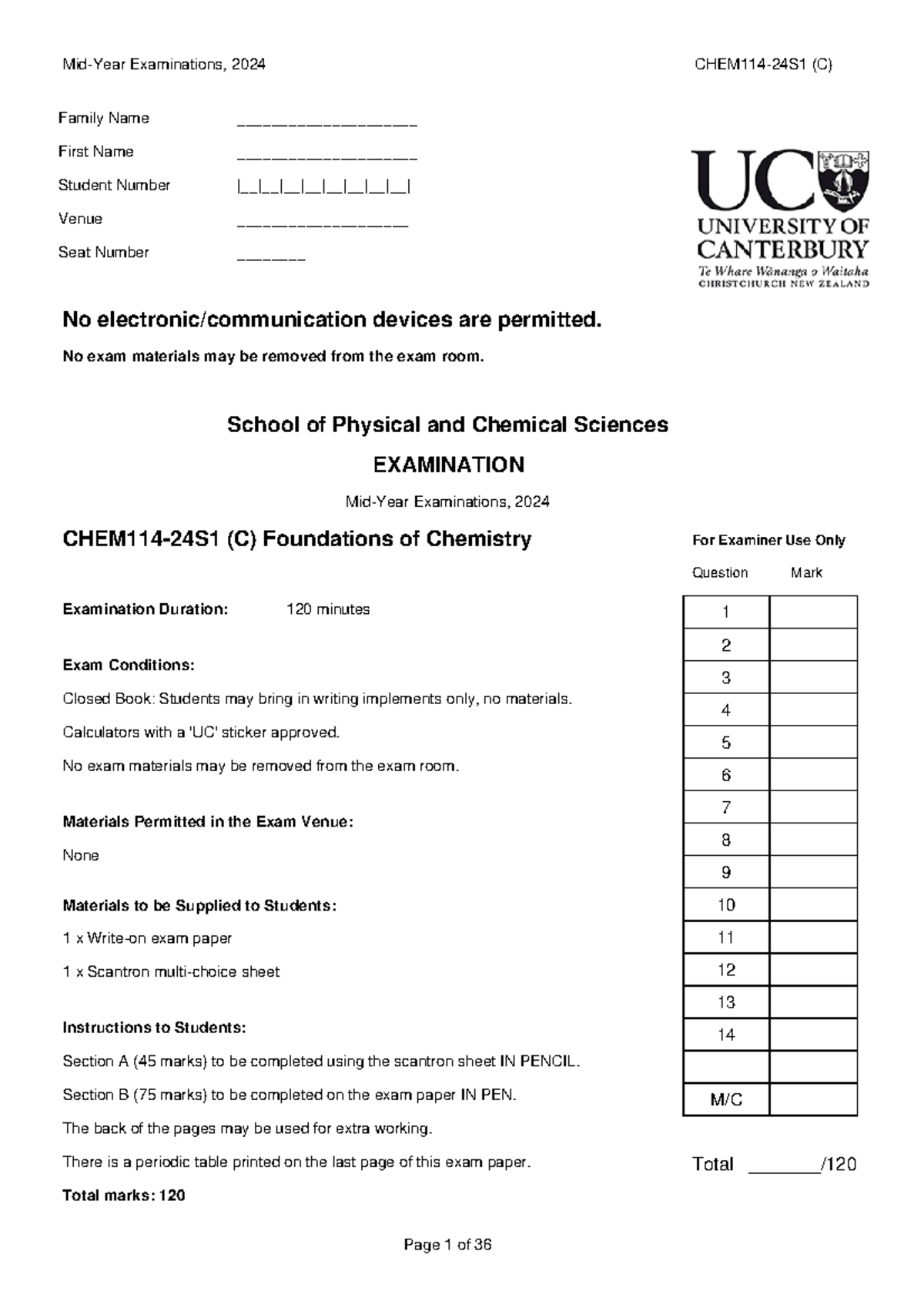 2024 (C) CHEM114 Foundations of Chemistry Final Exam Guidelines - Document Preview