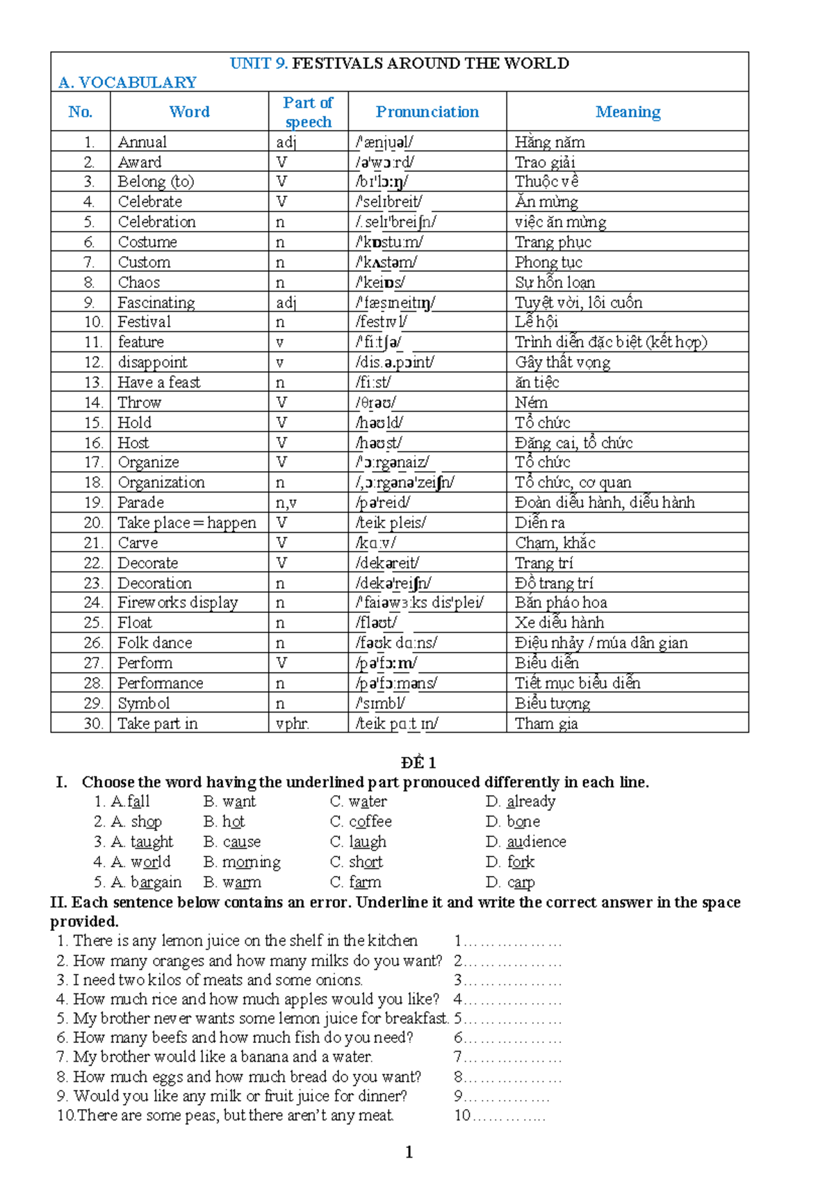 UNIT 9: Festivals Around the World - Vocabulary Revision for ESL - Studocu