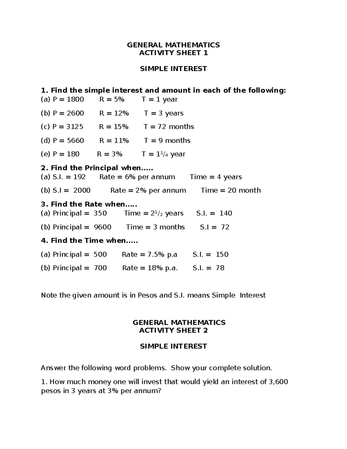 GENERAL MATHEMATICS ACTIVITY SHEET: SIMPLE INTEREST EXERCISES - Studocu