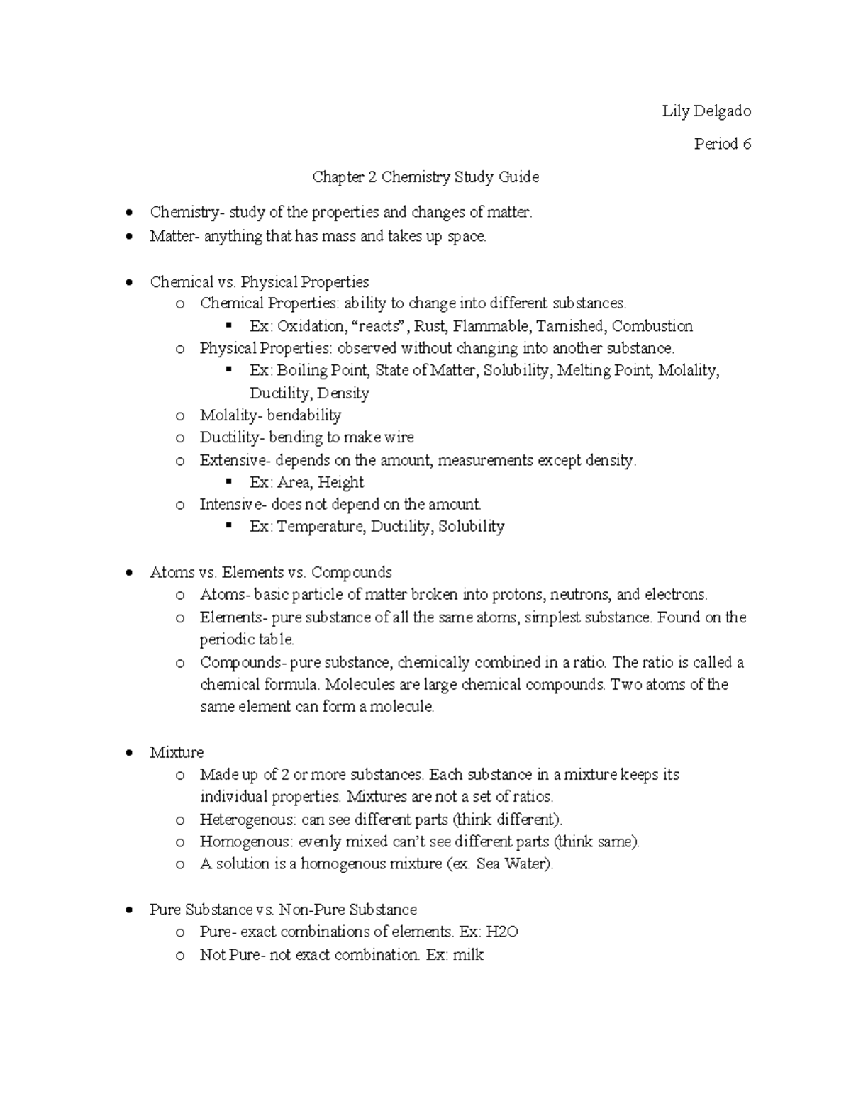 Chemistry 101 Final Exam Study Guide: Properties & Changes of Matter ...