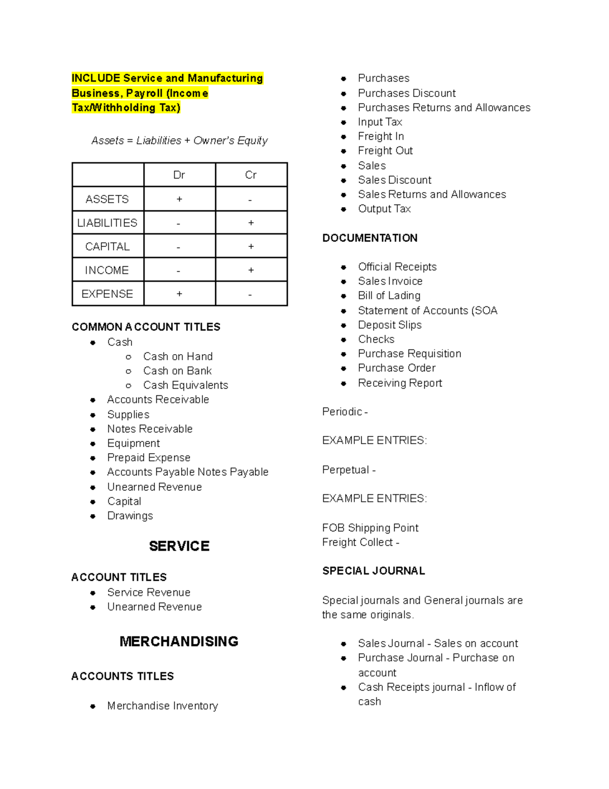 Accounting ( First YEAR) - INCLUDE Service and Manufacturing Business ...