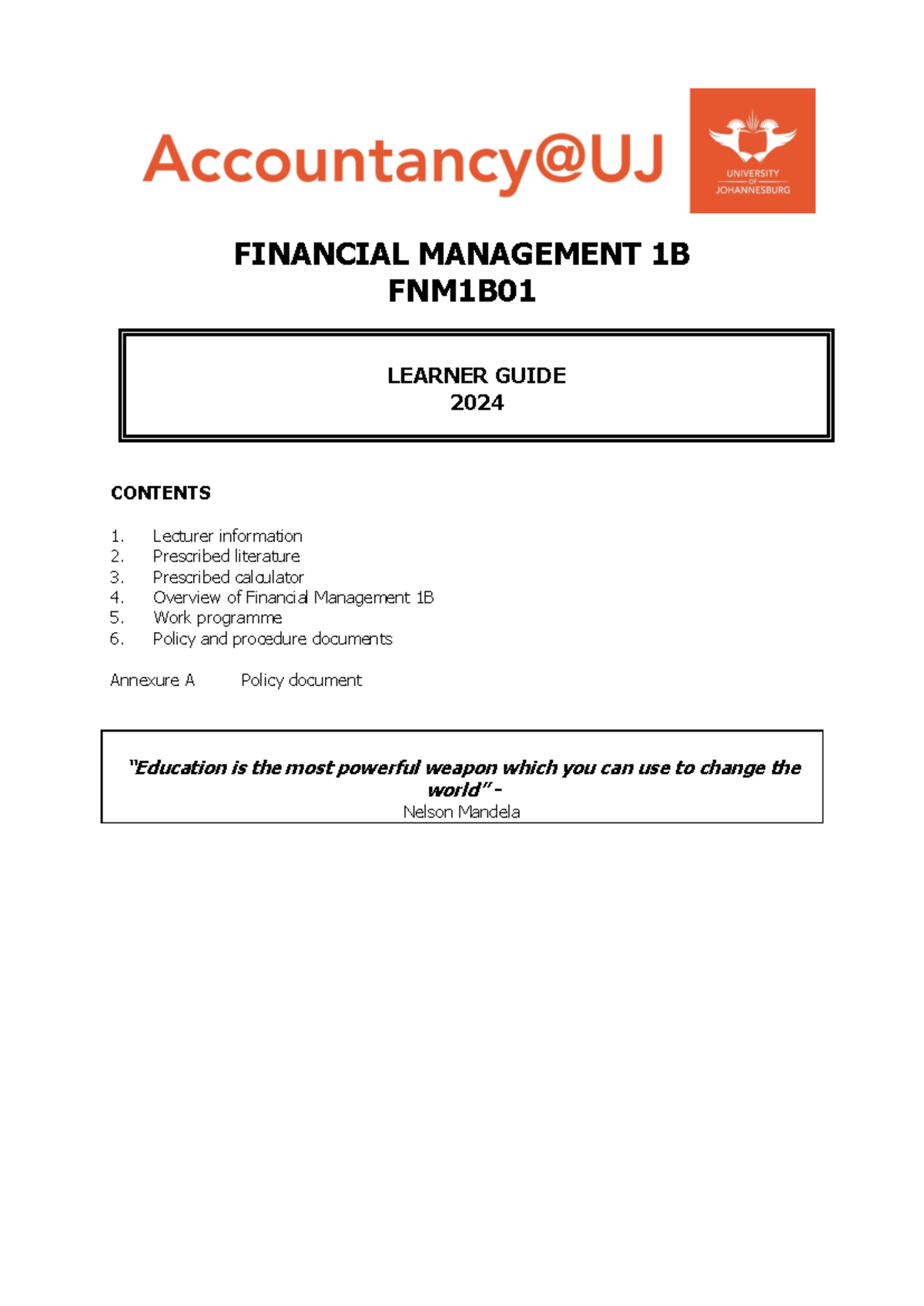 FNM1B Financial Management Learner Guide 2024 Overview - Studocu