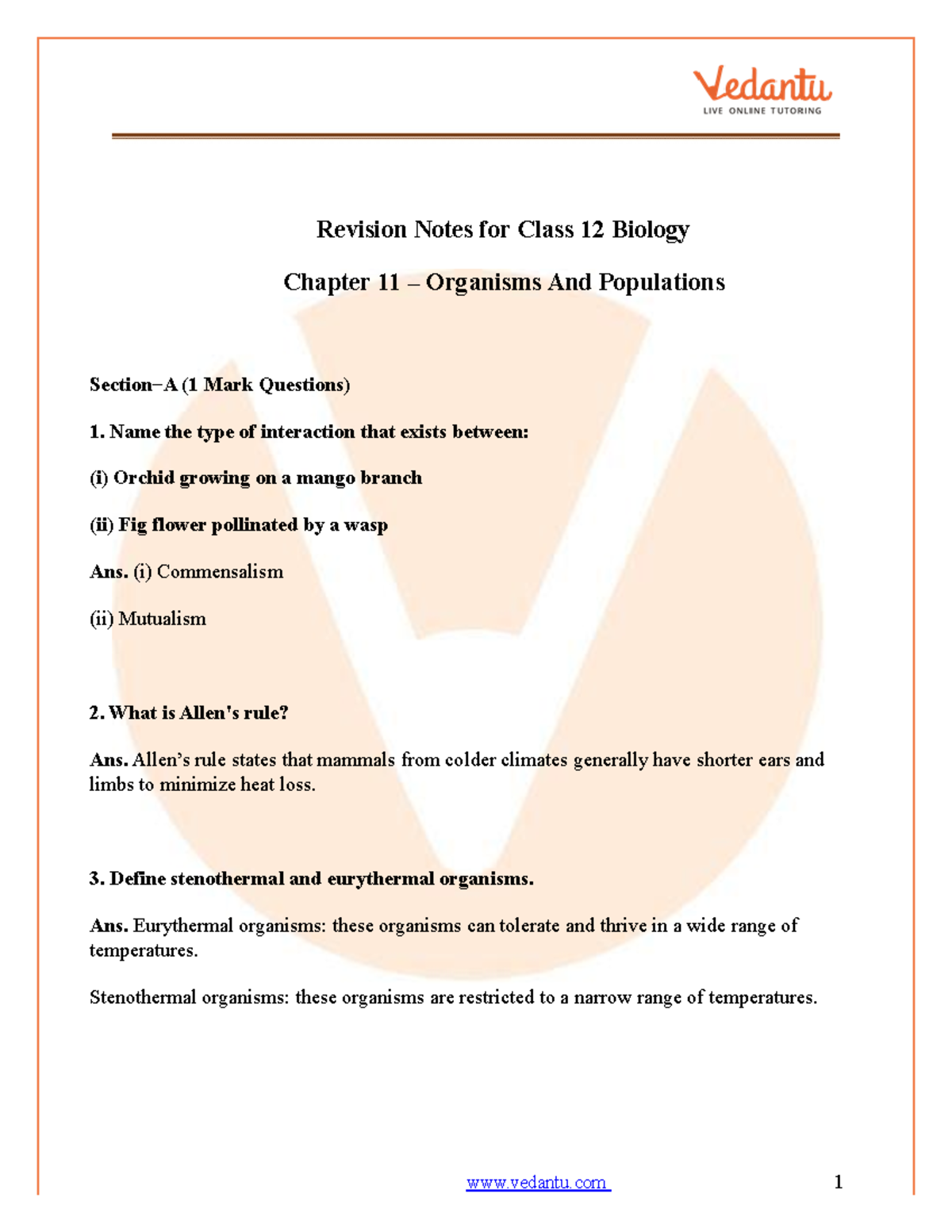 Class 12 Biology: Organisms and Populations Revision Notes (Chapter 11 ...