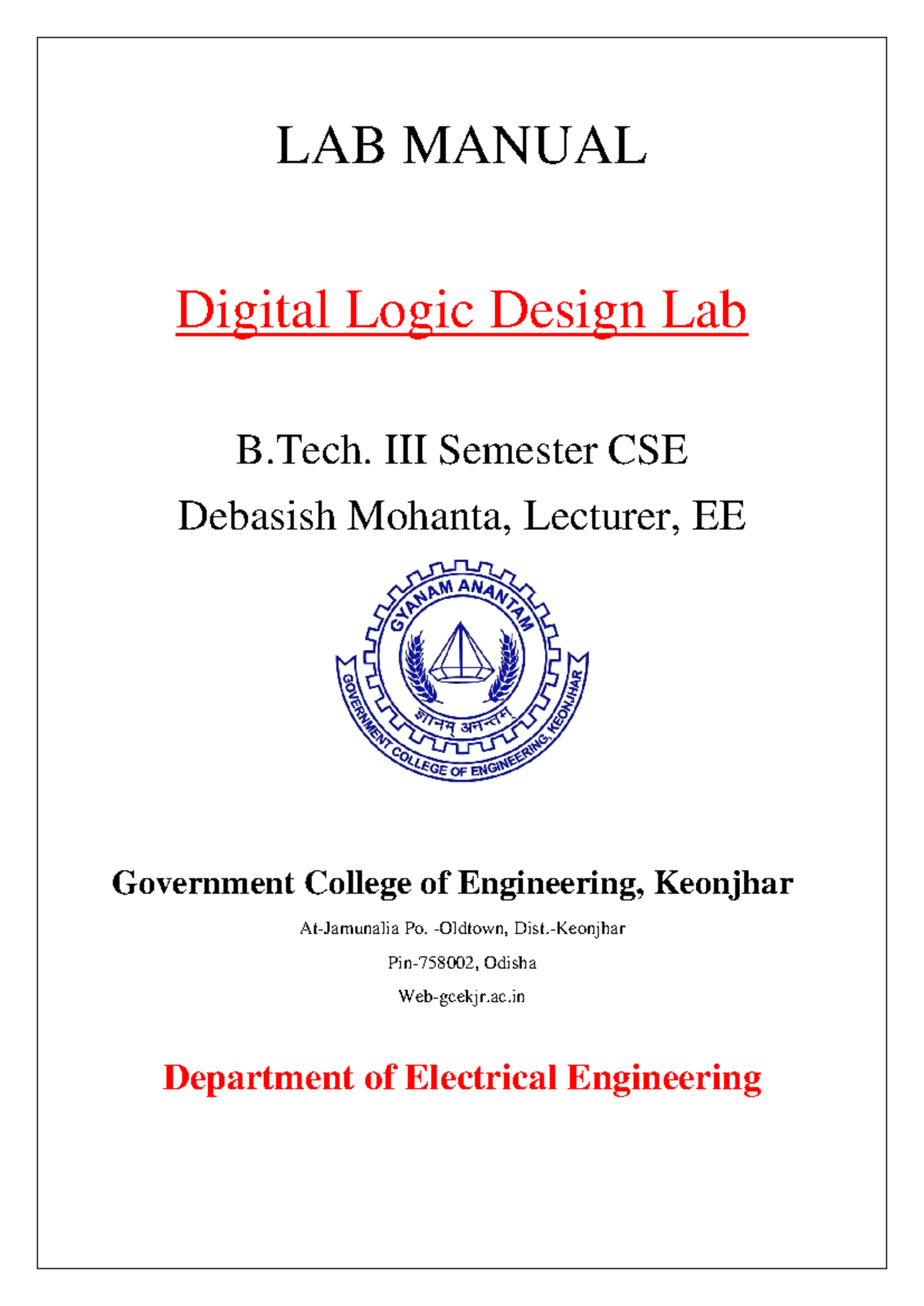 Digital Logic Design Lab Manual RCS3C201 - B.Tech. CSE Semester - Studocu