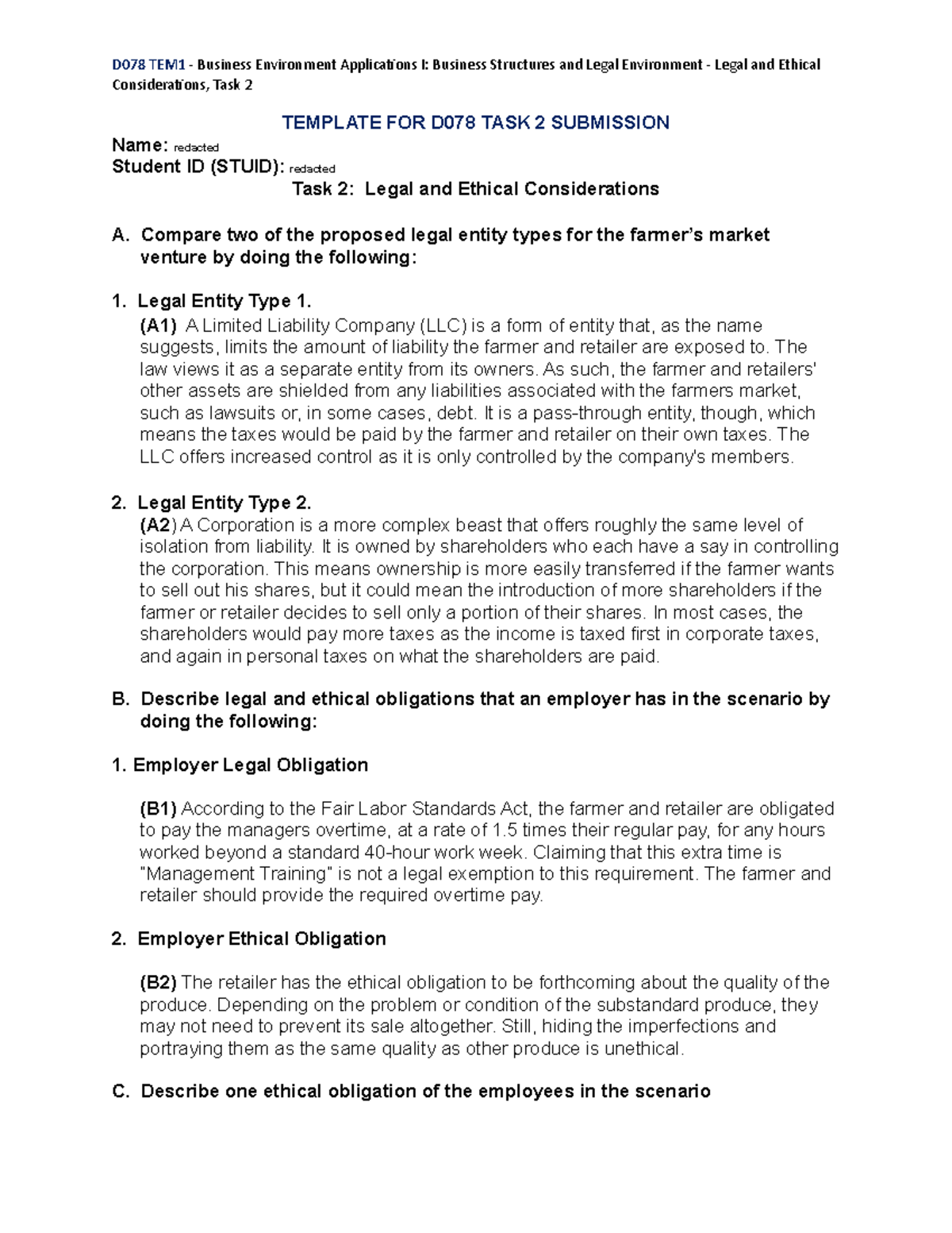 D078 - Task 2: Legal & Ethical Considerations for Market Ventures - Studocu