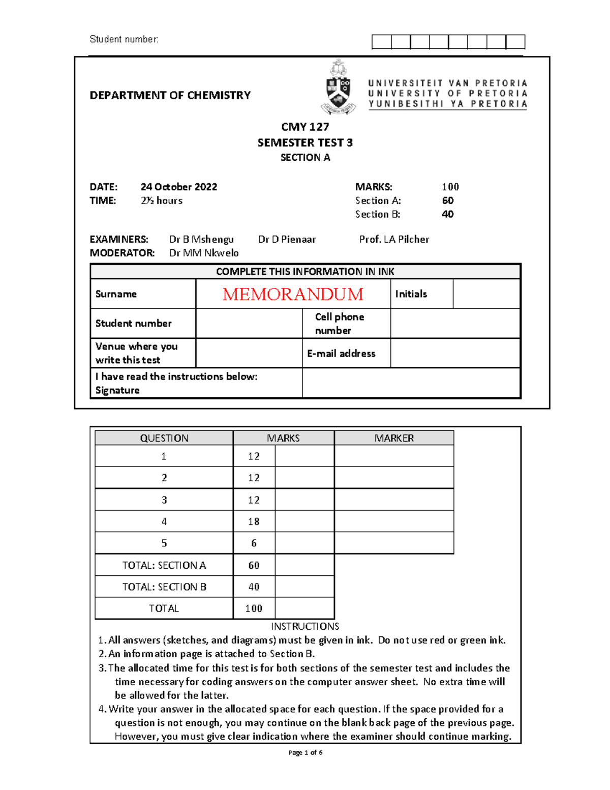 2022 CMY 127 Semester Test 3 MEMO and Solutions - Studocu