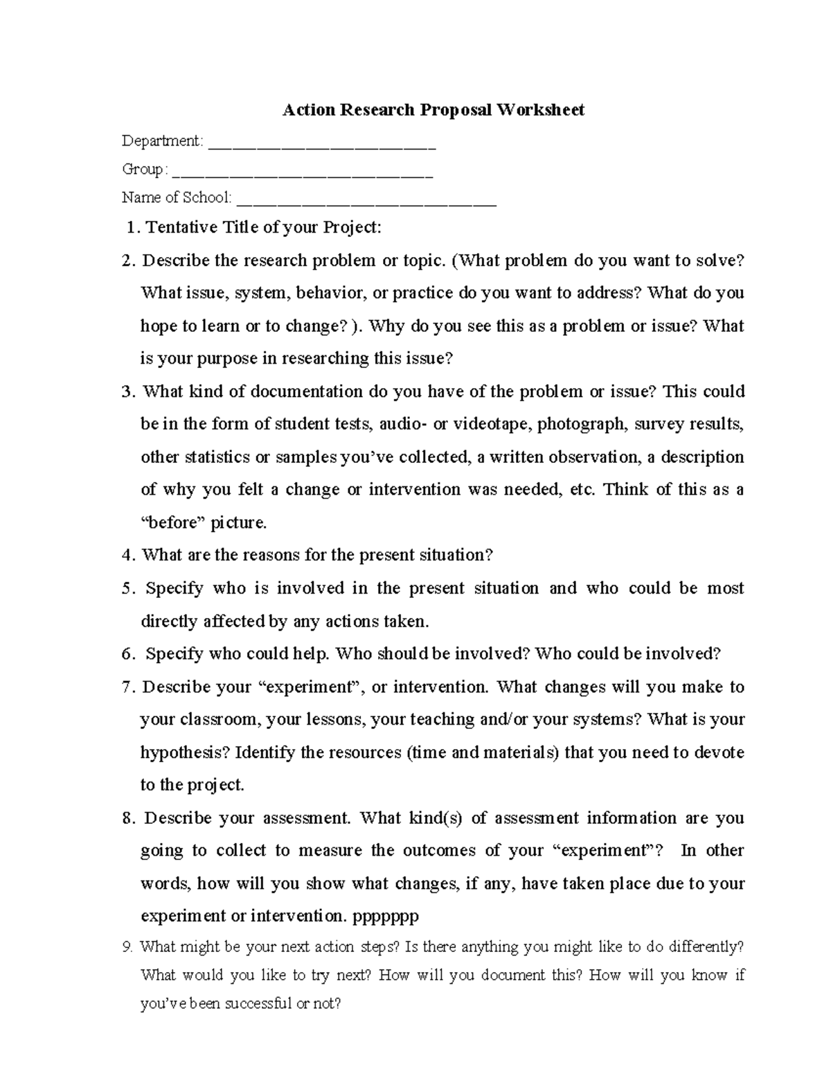 Action Research Proposal Worksheet: Project Planning Guide - Studocu