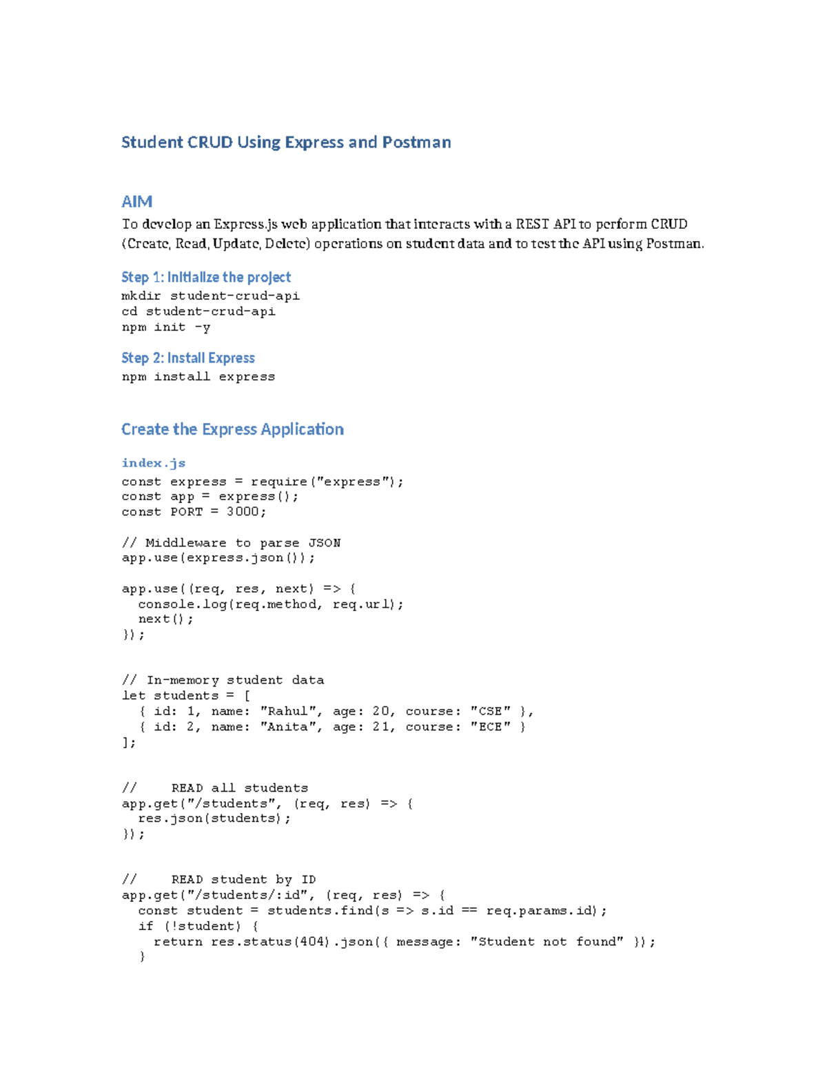 Student CRUD Operations with Express.js and Postman Guide - Studocu