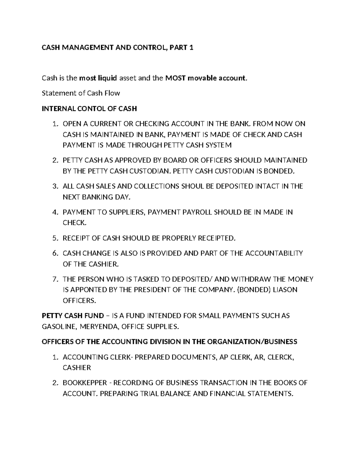 CASH MANAGEMENT AND CONTROL, PART 2: Best Practices and Procedures ...