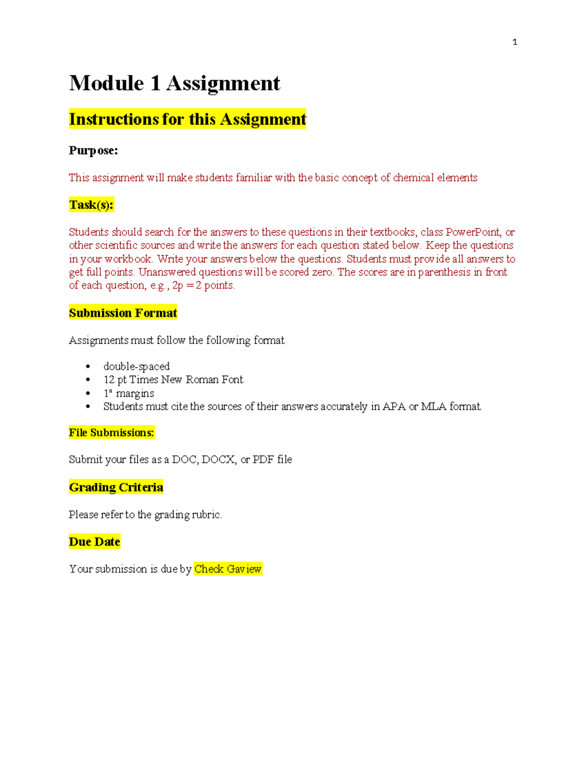Basic Concepts of Chemical Elements - Module 1 Assignment - 1 Module 1 ...