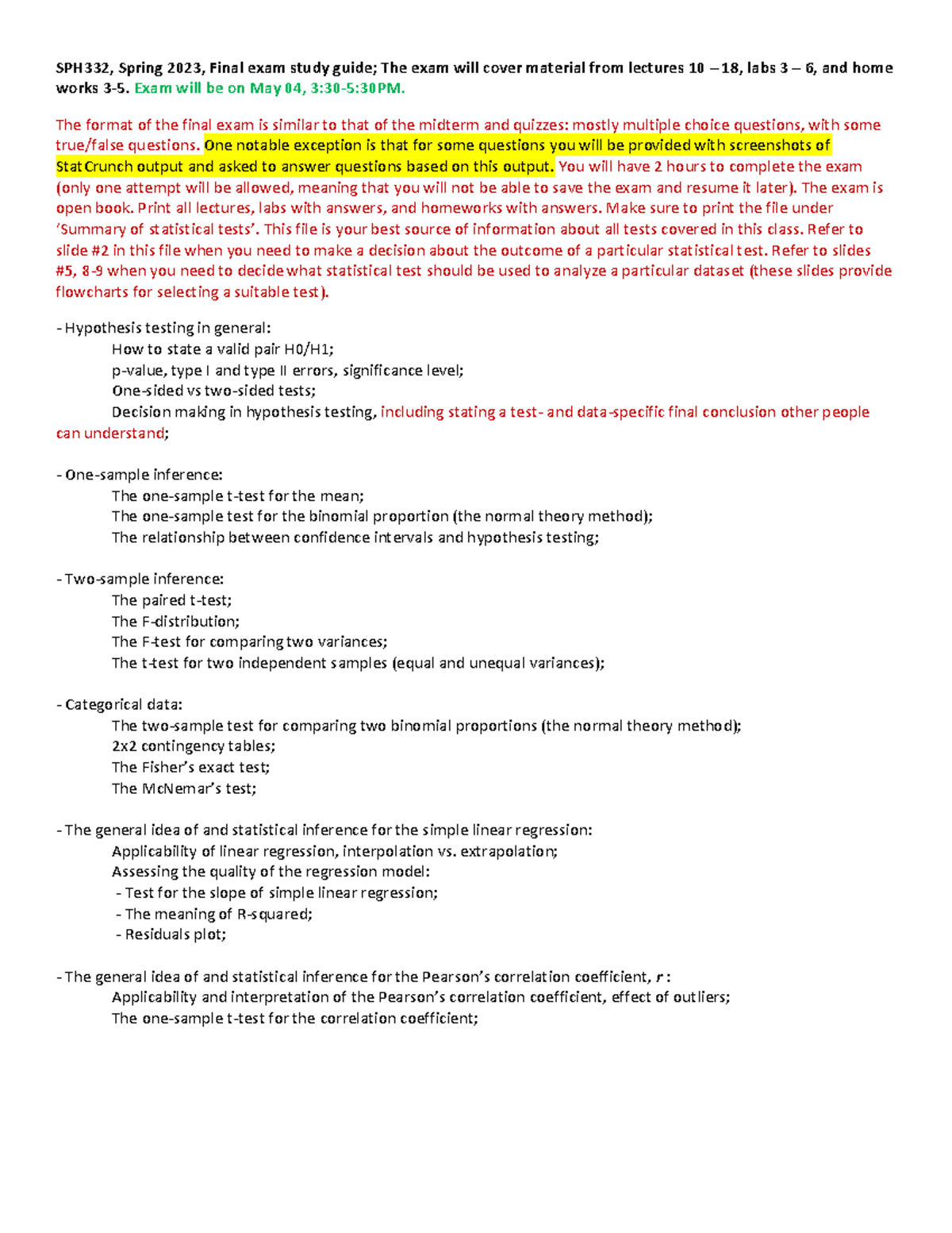 Final guide - SPH332, Spring 2023, Final exam study guide; The exam ...