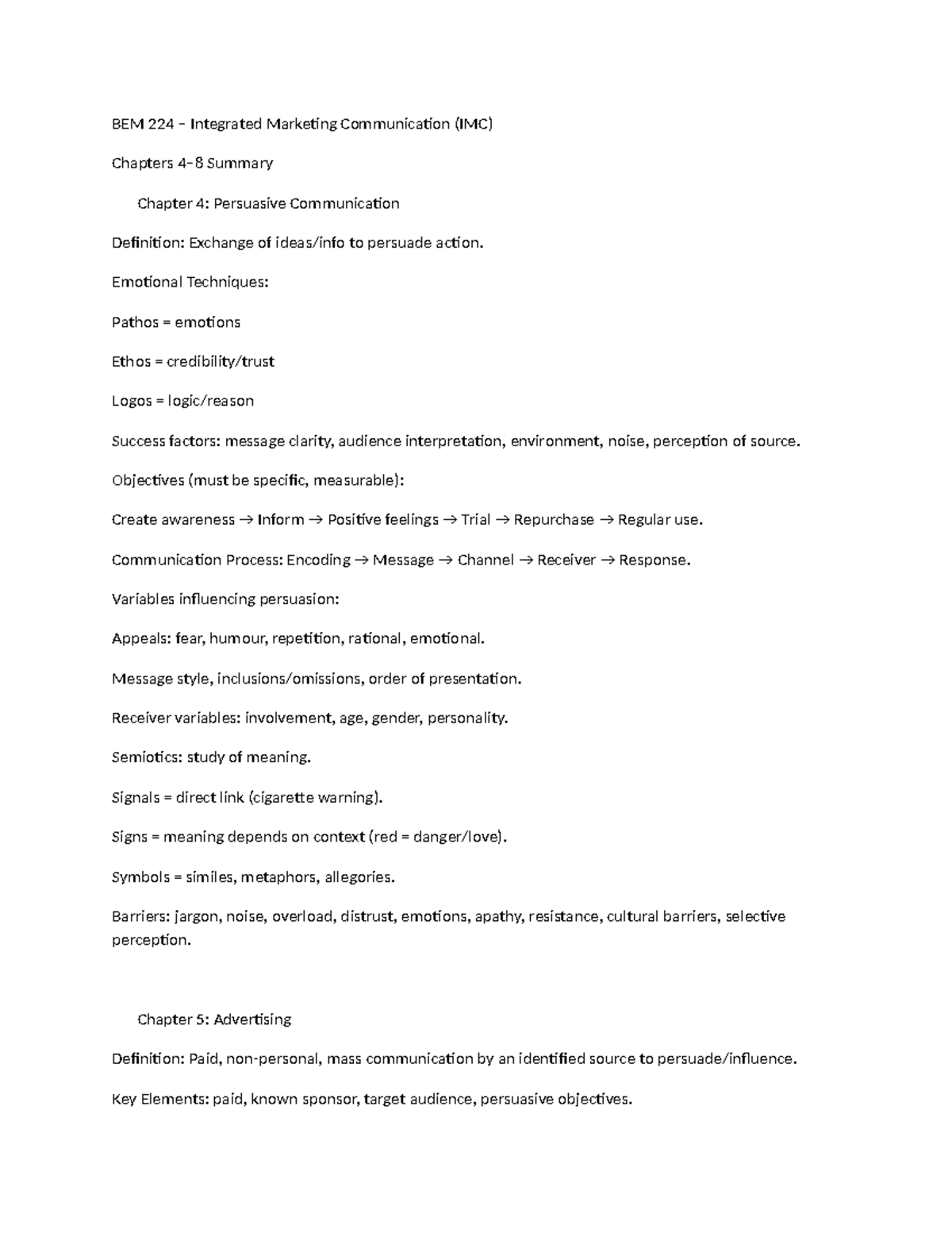 BEM 224 Integrated Marketing Communication Chapter Summaries - Studocu