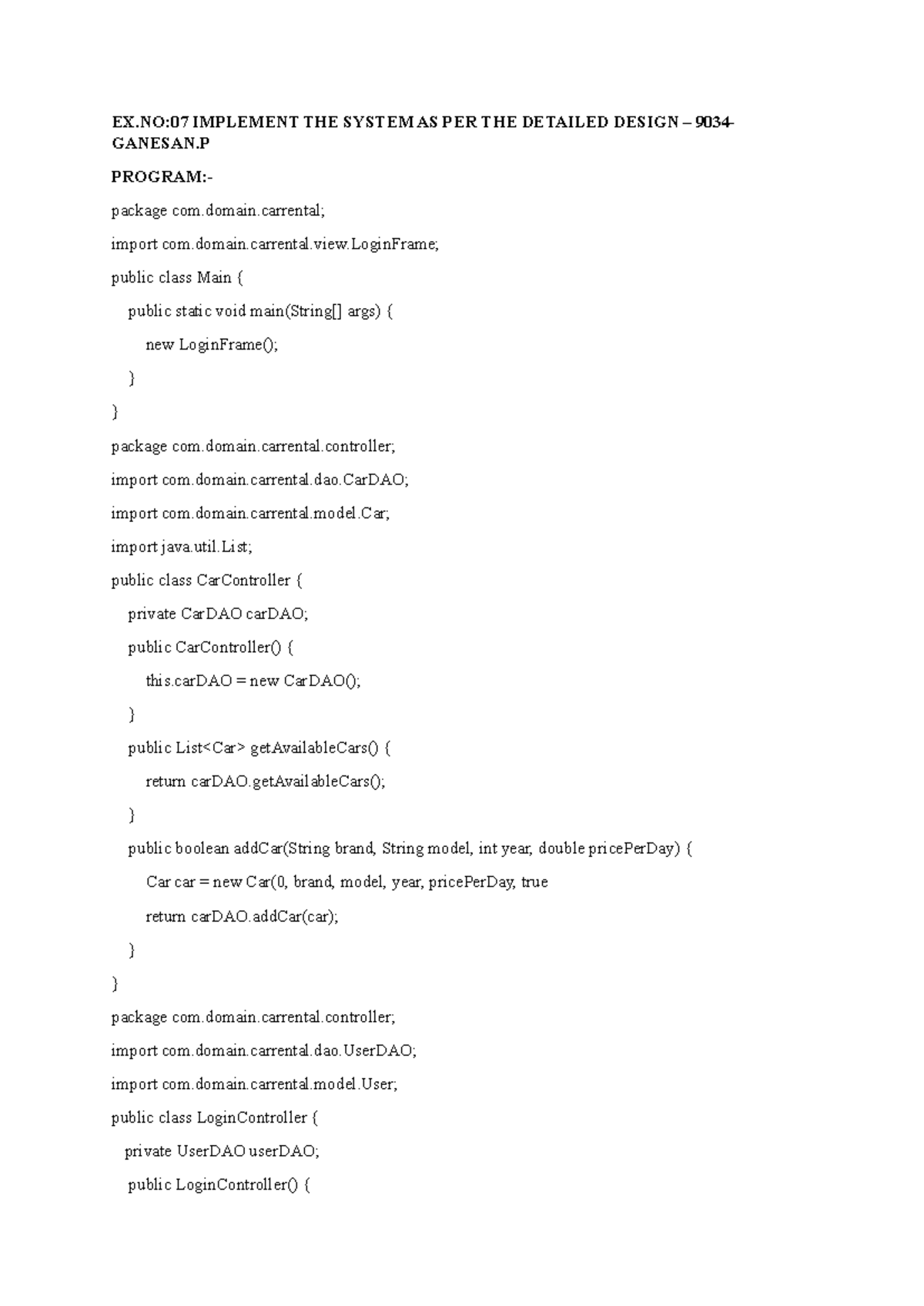 OOSE EX 07: Car Rental System Implementation Guide - Studocu