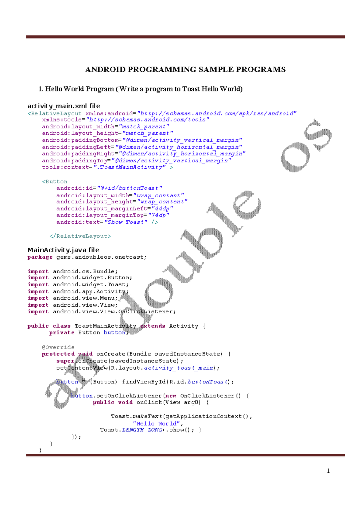 ANDROID PROGRAMMING SAMPLE PROGRAMS: Hello World & More - Studocu