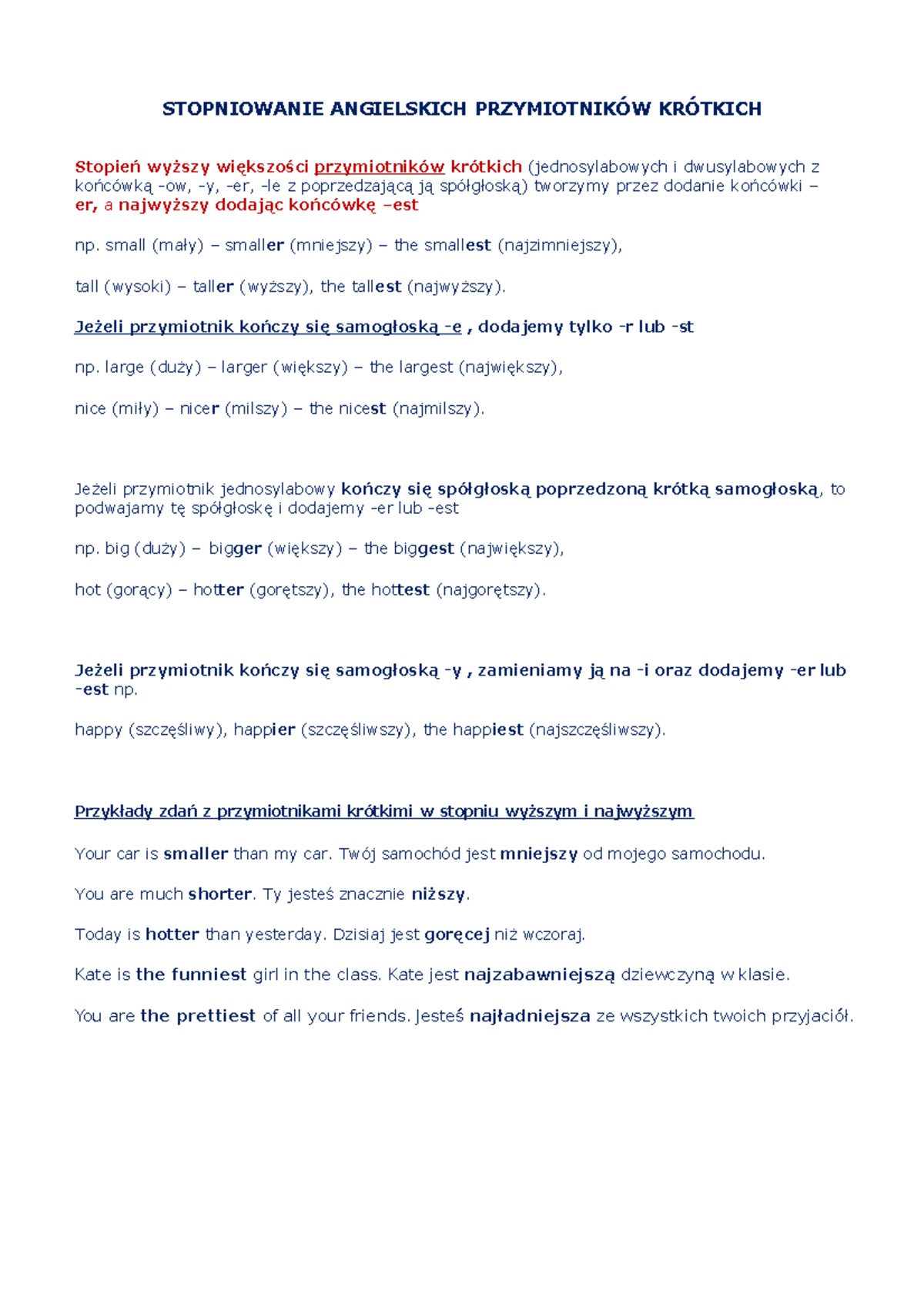 Comparatives superlatives MDKF - STOPNIOWANIE ANGIELSKICH PRZYMIOTNIKÓW ...