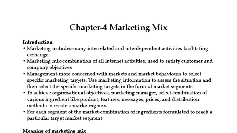 Ch 4 - chapter 4 notes - Chapter-4 Marketing Mix Introduction Marketing ...