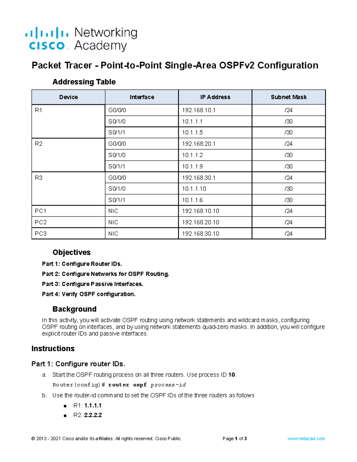 2.2.13 Packet Tracer - Configuring OSPFv2 for Point-to-Point Networks ...