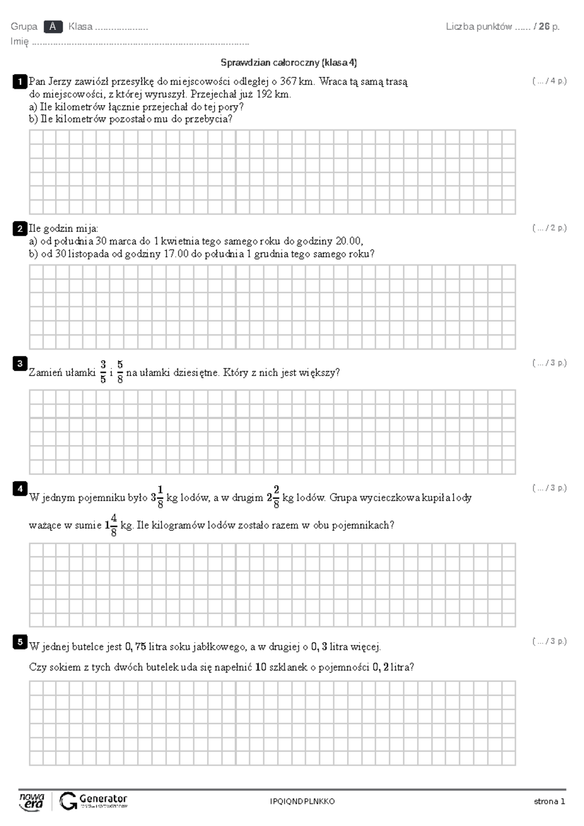 Sprawdzian Całoroczny Matematyka Klasa 4 Podstawowa