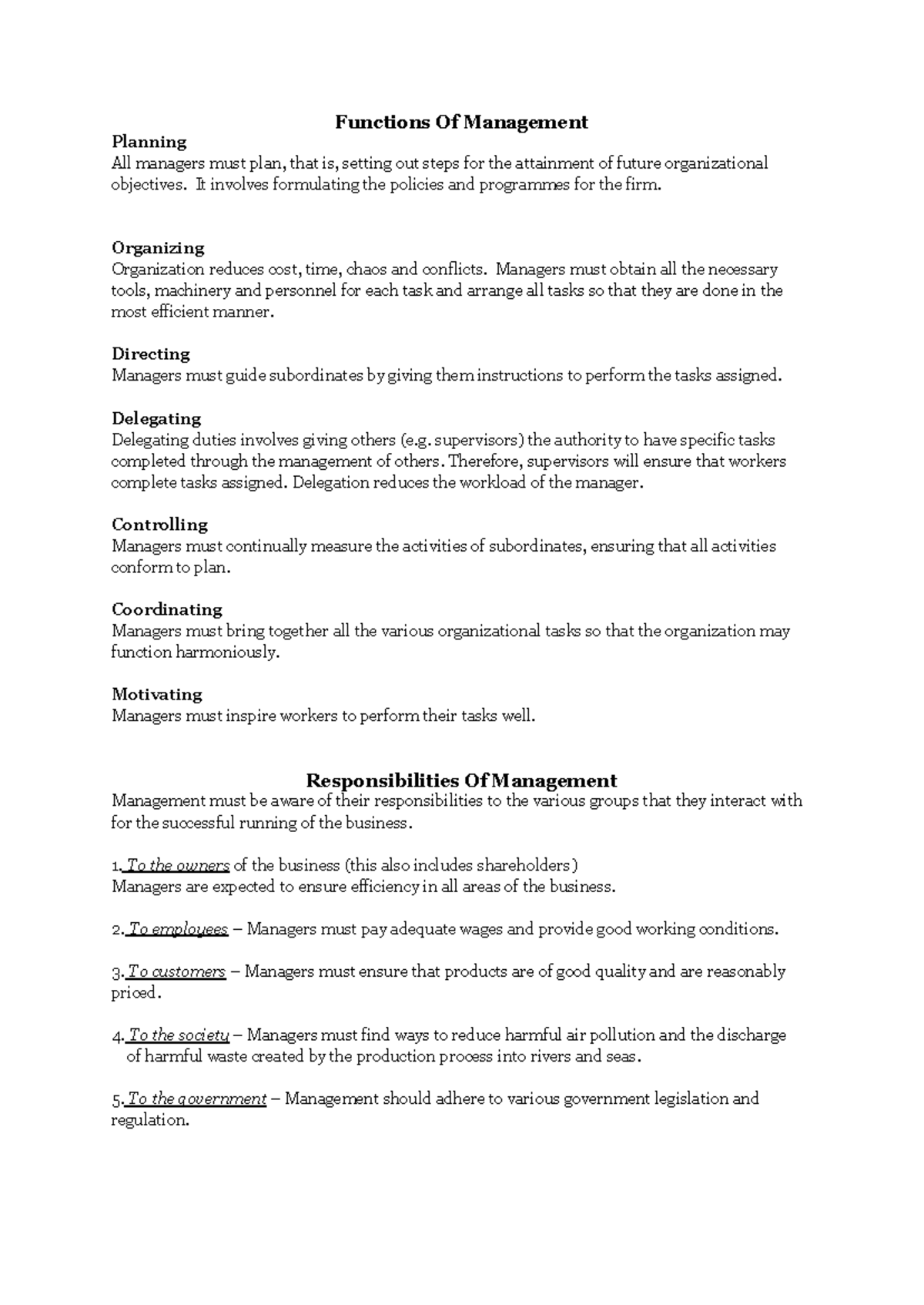 Functions of Management: Planning, Organizing, and Directing - Studocu