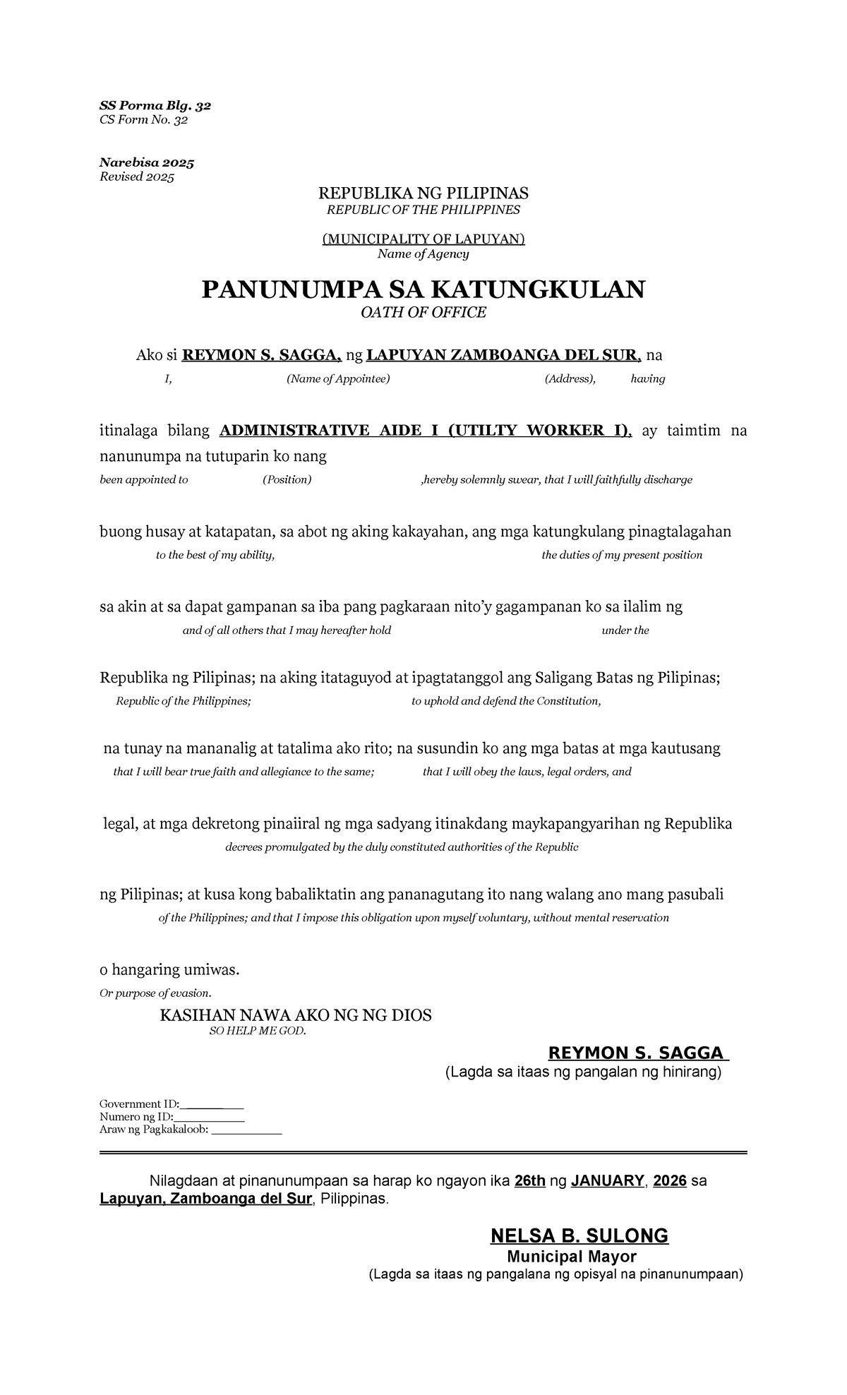 CS Form No. 32: Panunumpa sa Katungkulan ng Reymon S. Sagga - Studocu