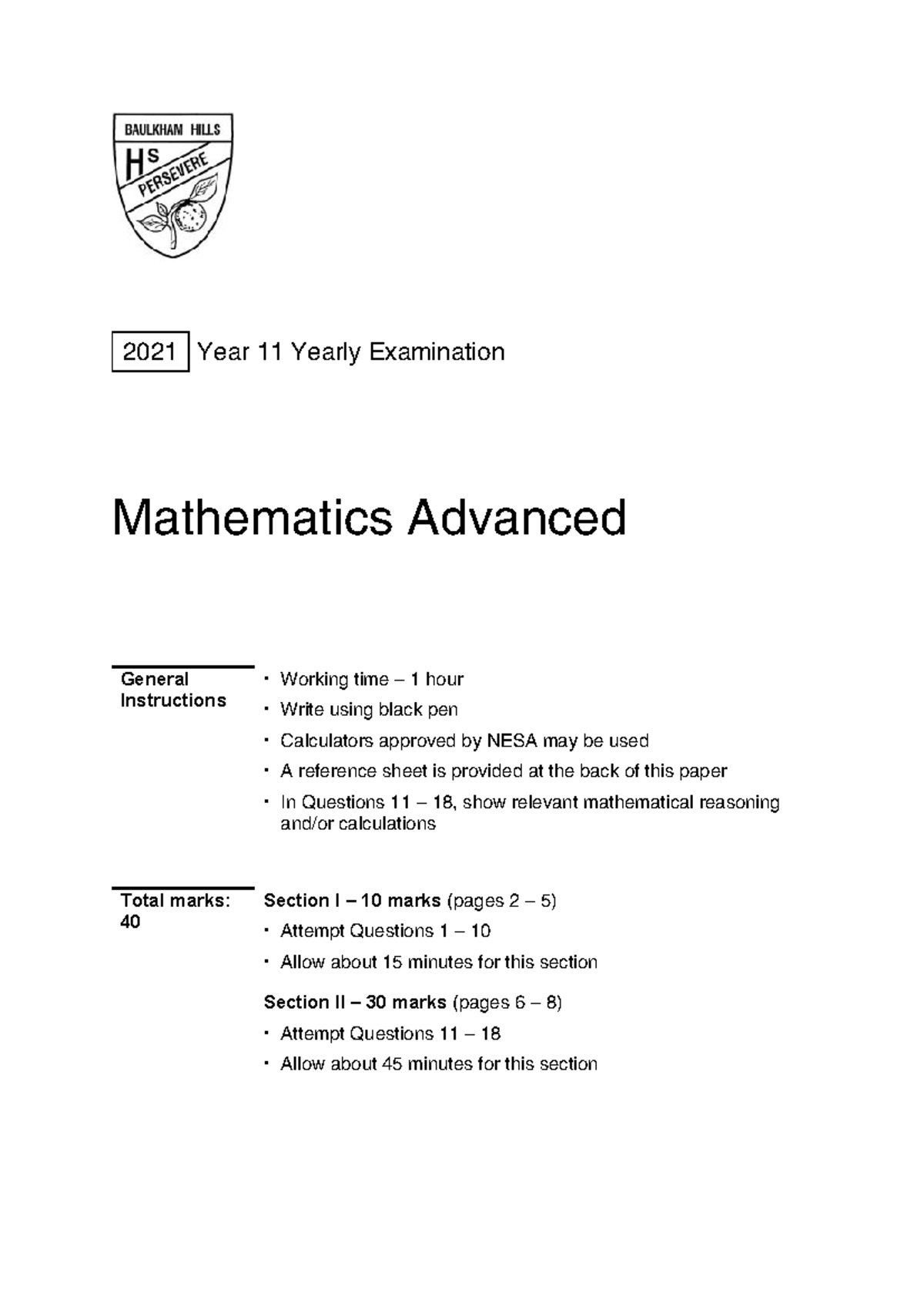 P3 Adv 2021 - Year 11 Mathematics Advanced Yearly Exam - Studocu