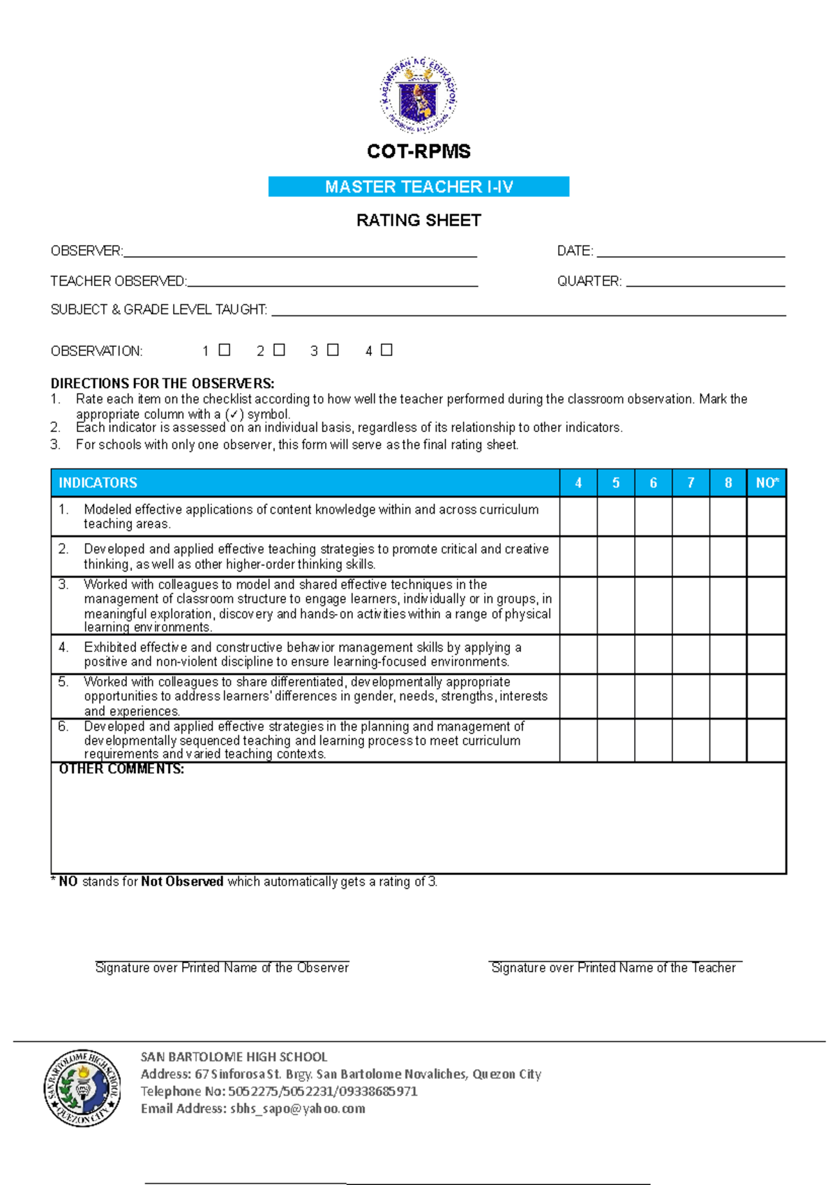 COT-RPMS Rating Sheet for Master Teachers I-IV SY 2022-2023 - Studocu